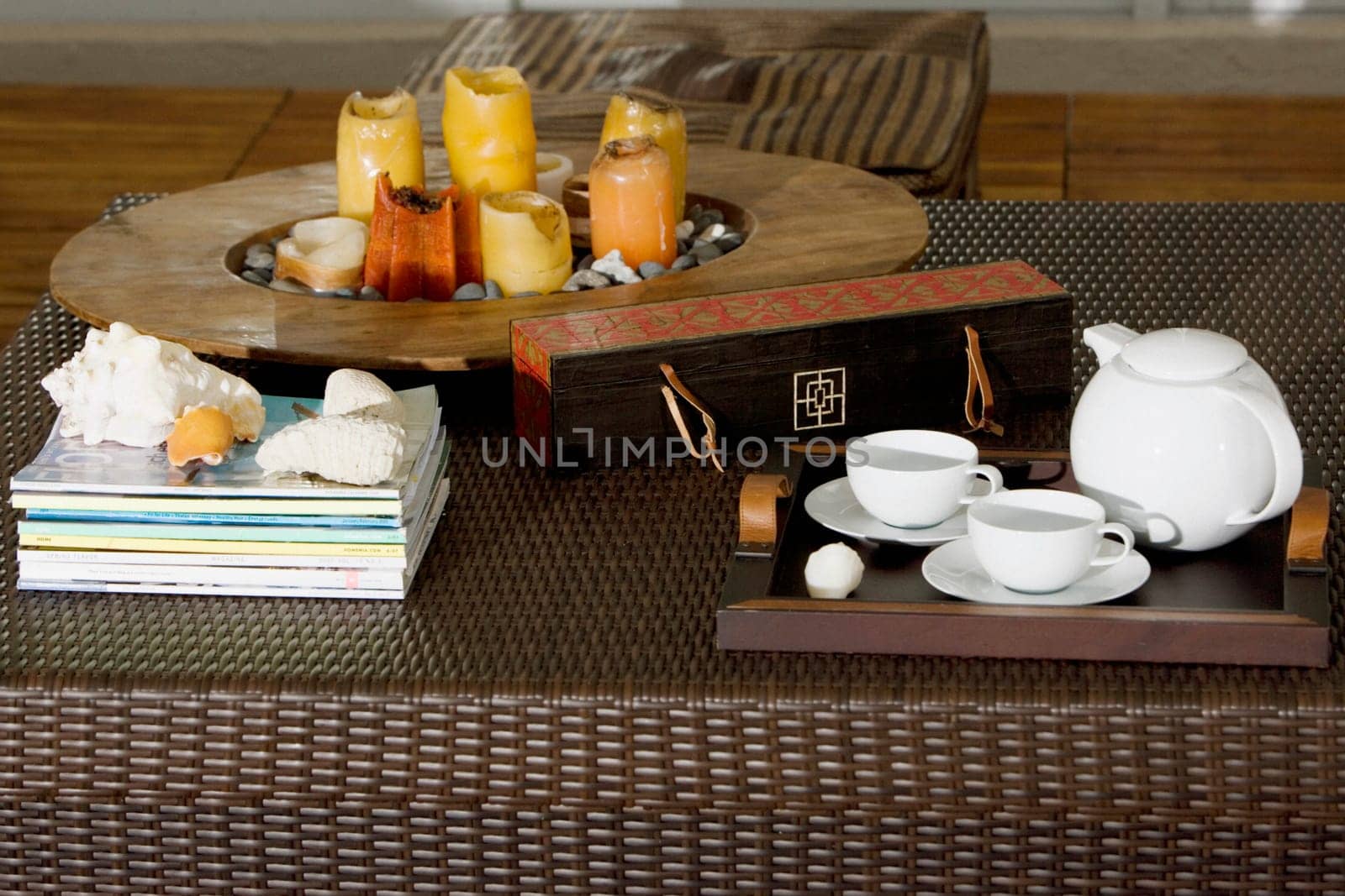 Serving tray and candles on a table