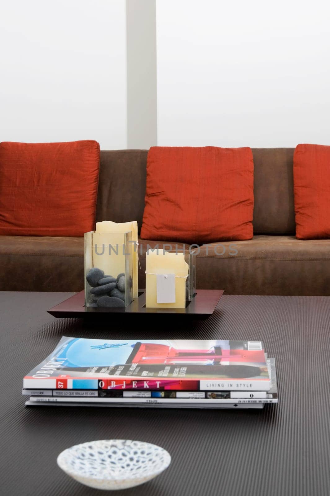 Bowl and magazines on a table in front of a couch