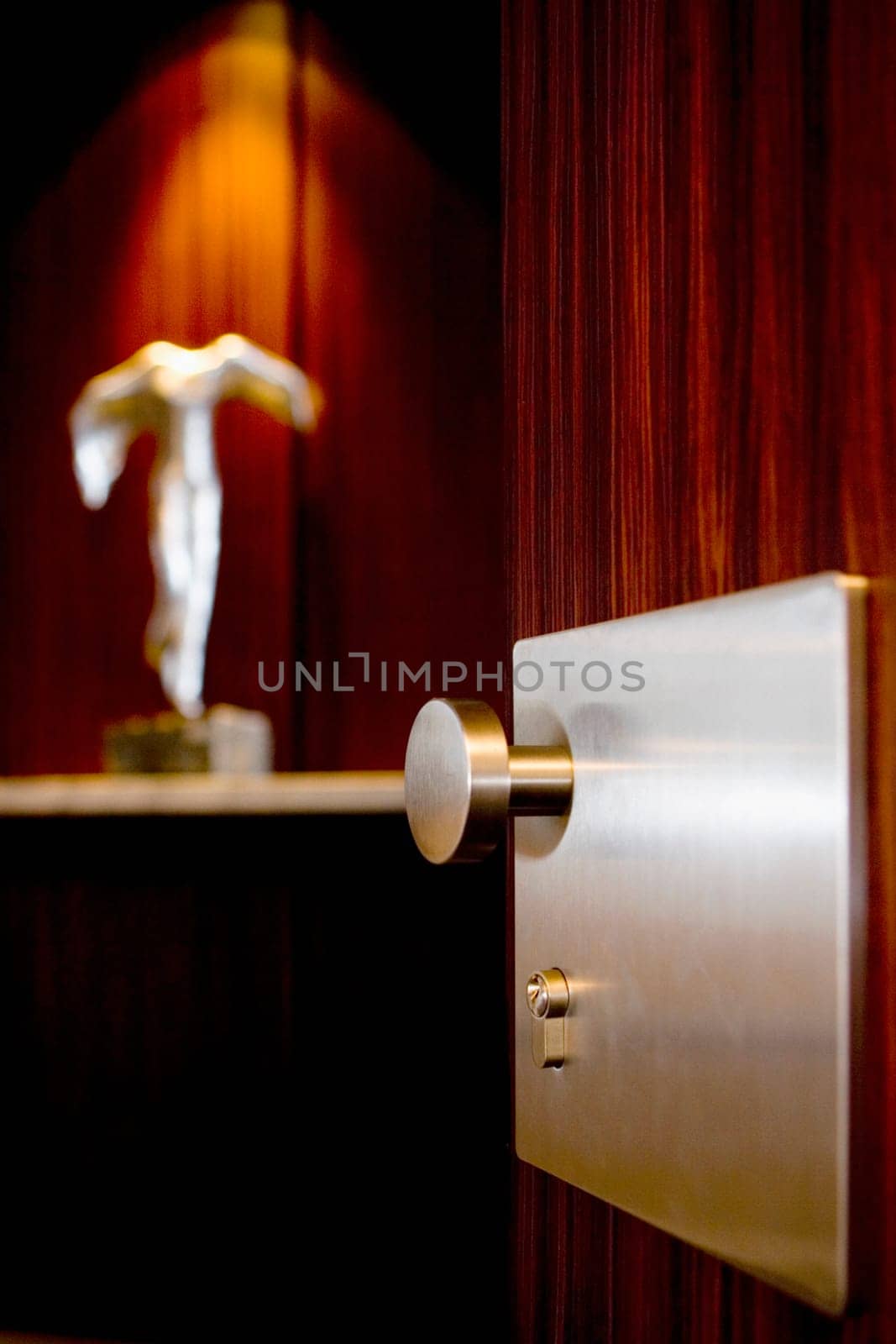 Metal doorknob on a wooden door