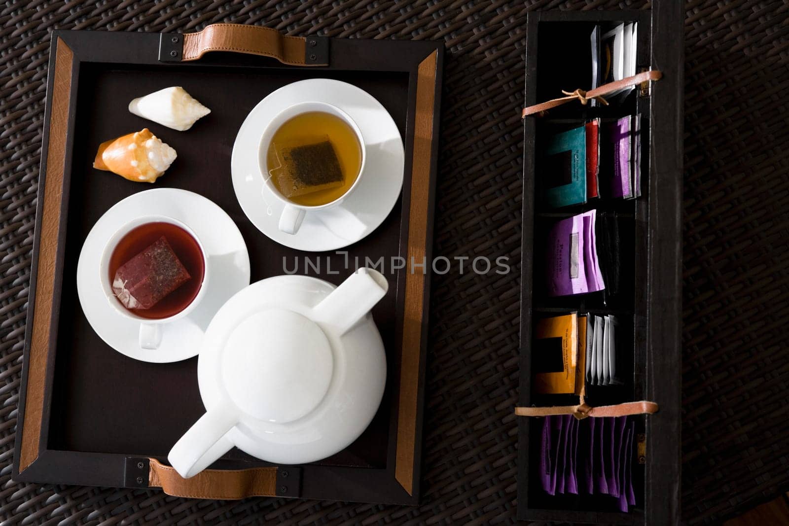High angle view of cups of herbal tea with a teapot on a serving tray