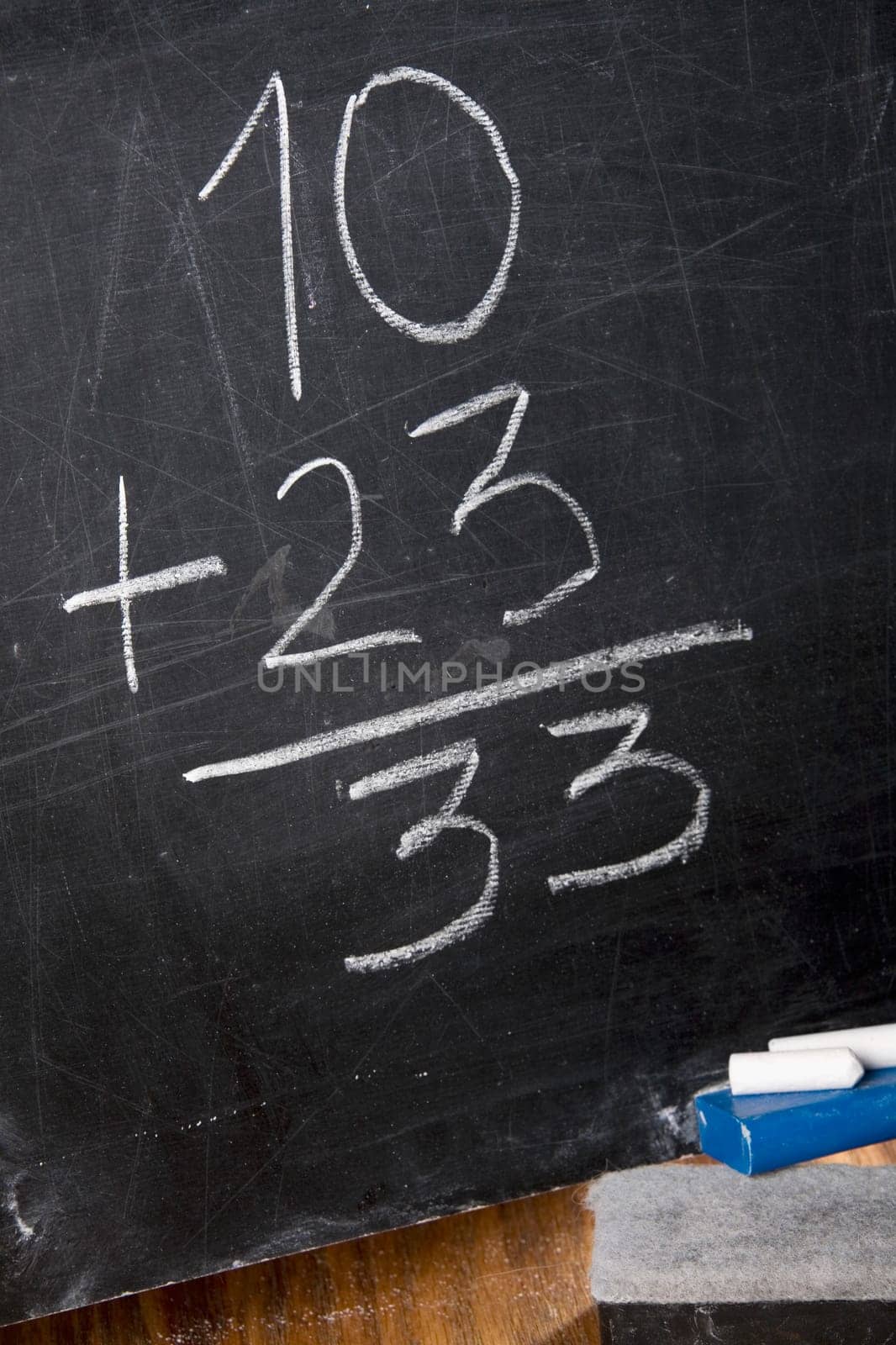 Close-up of mathematical addition on a blackboard