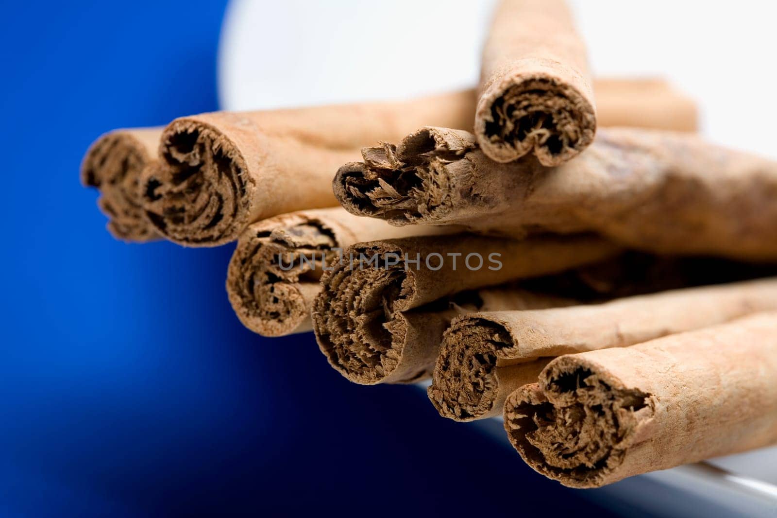 Close-up of cinnamon sticks in a tray