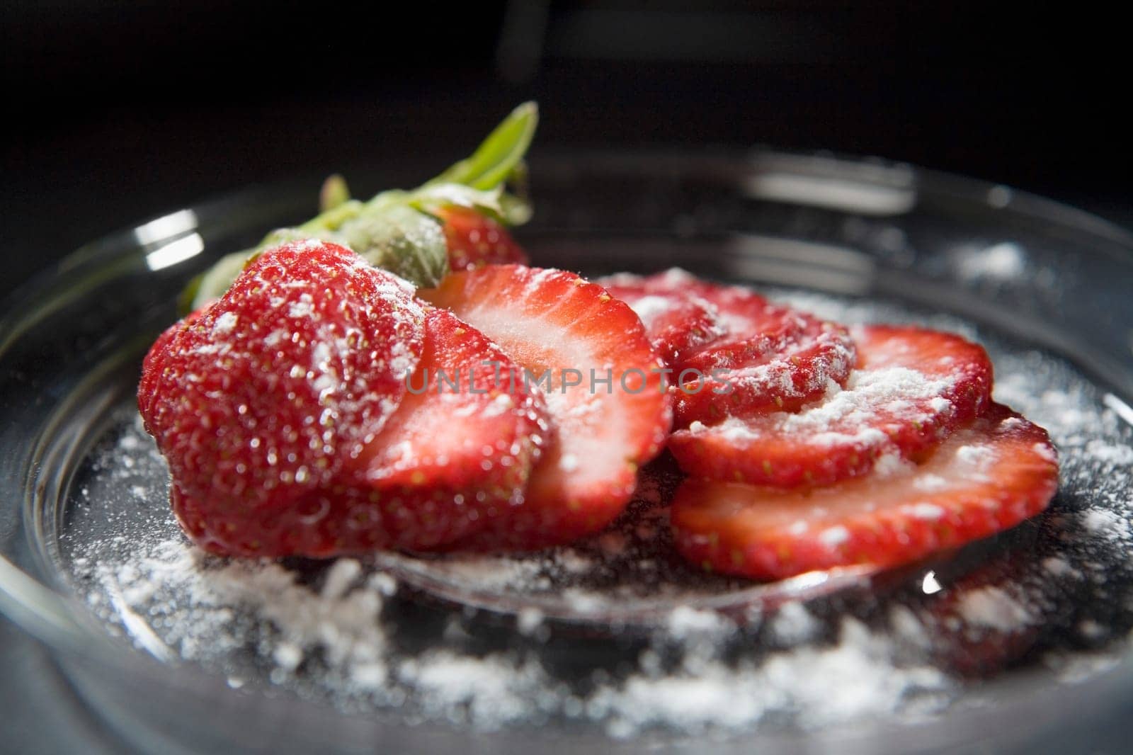 Close-up of sliced strawberries in a bowl