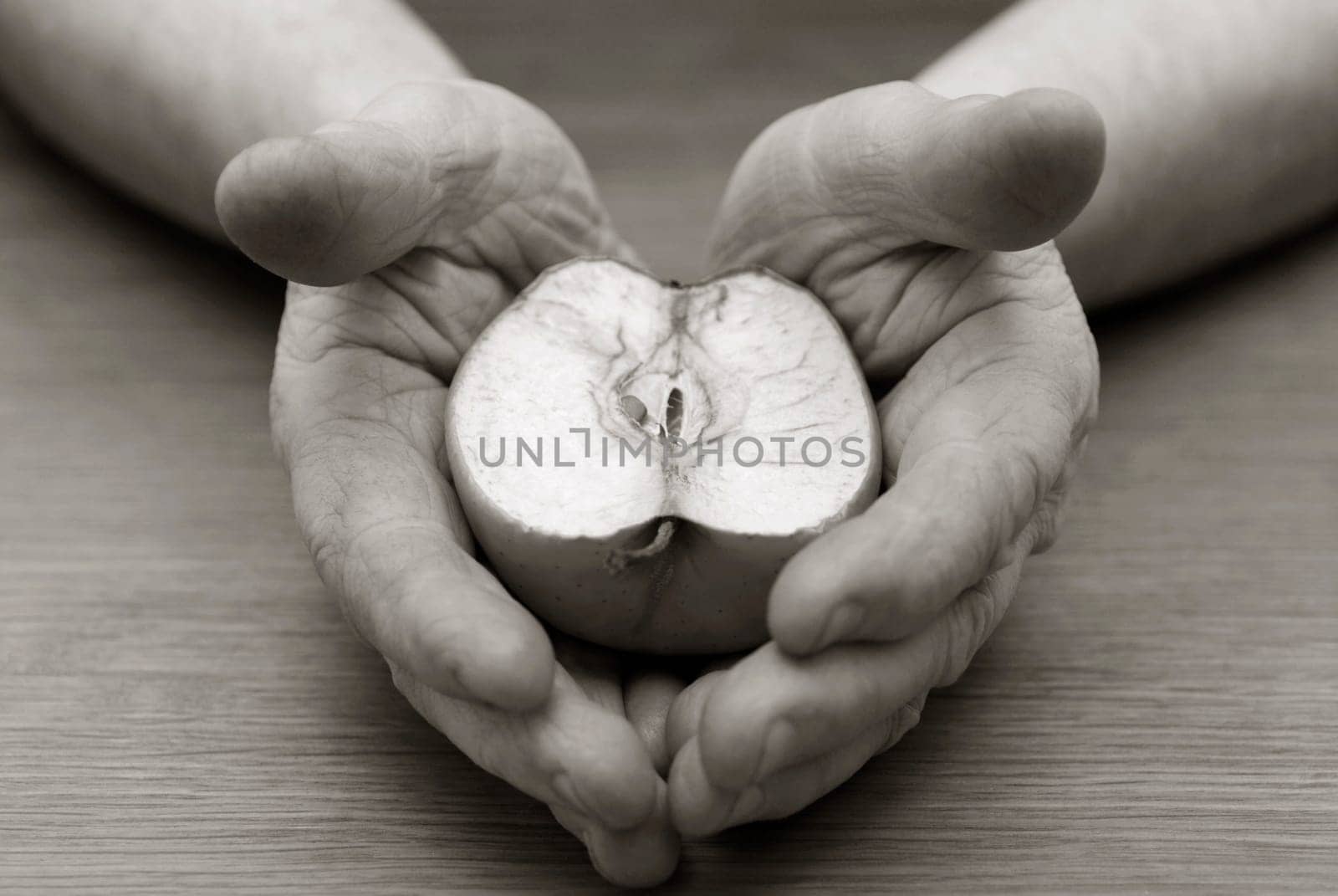 Close-up of a personŽs hands holding a cross section of an apple