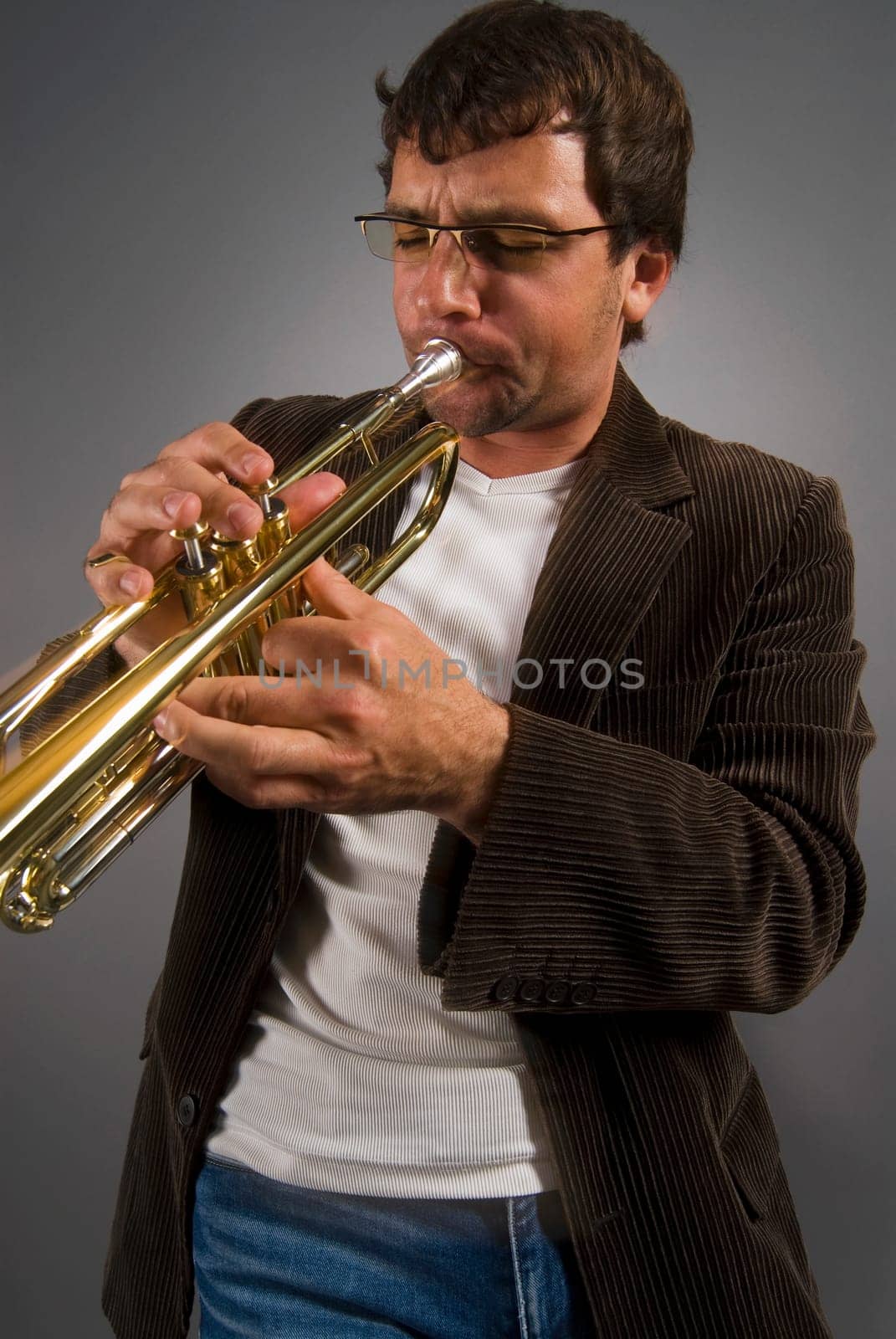 Close-up of a musician playing a trumpet
