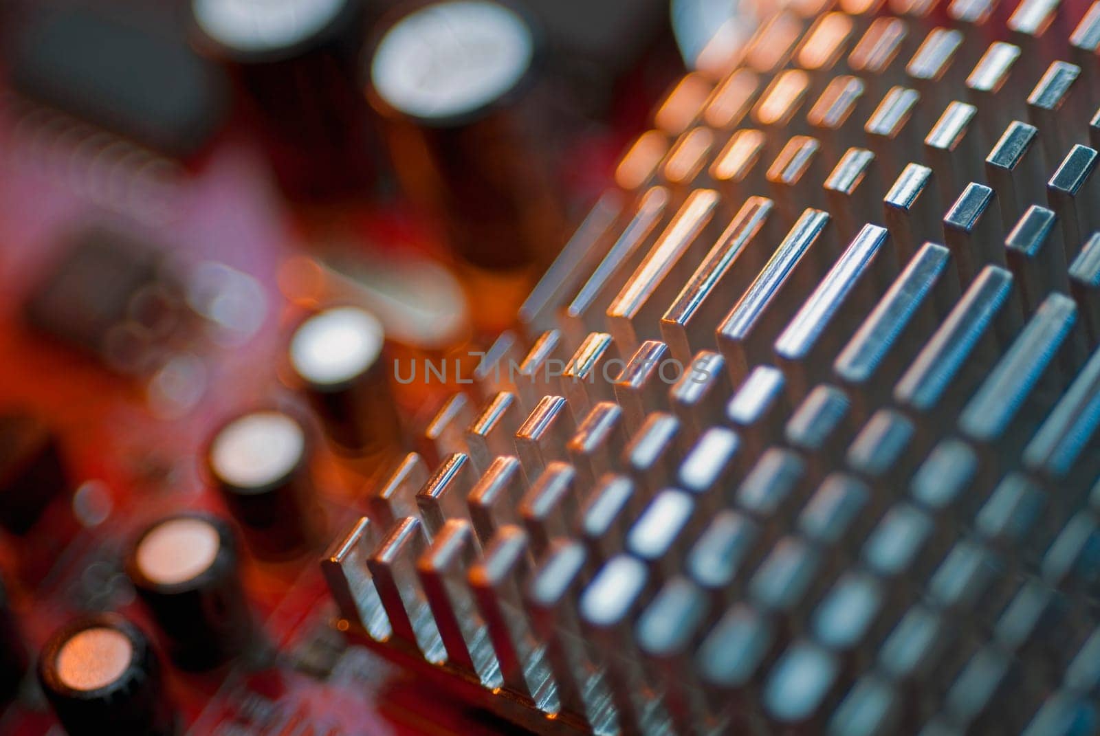 Close_up of a heatsink on a mother board