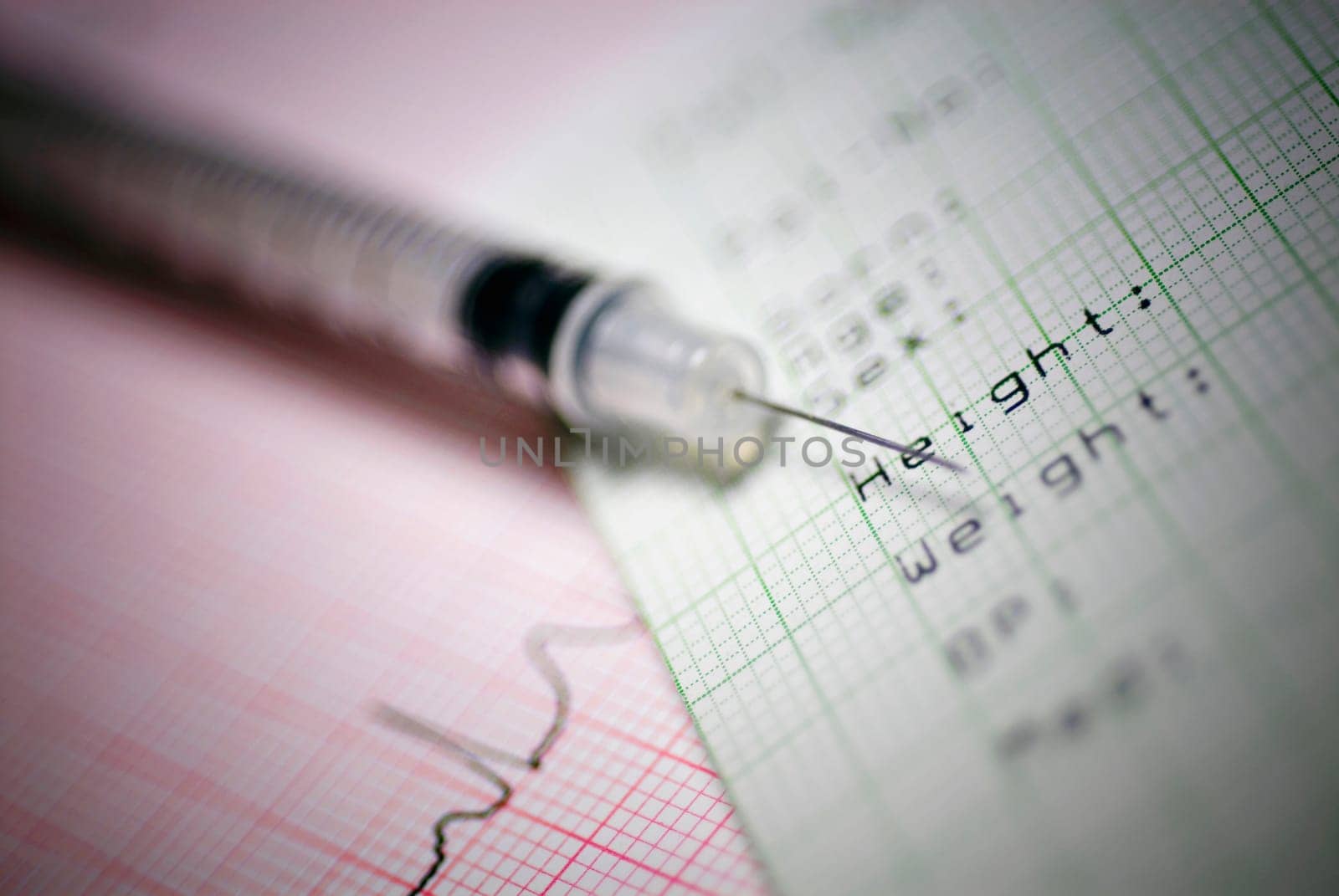 Close_up of a syringe on a medical report