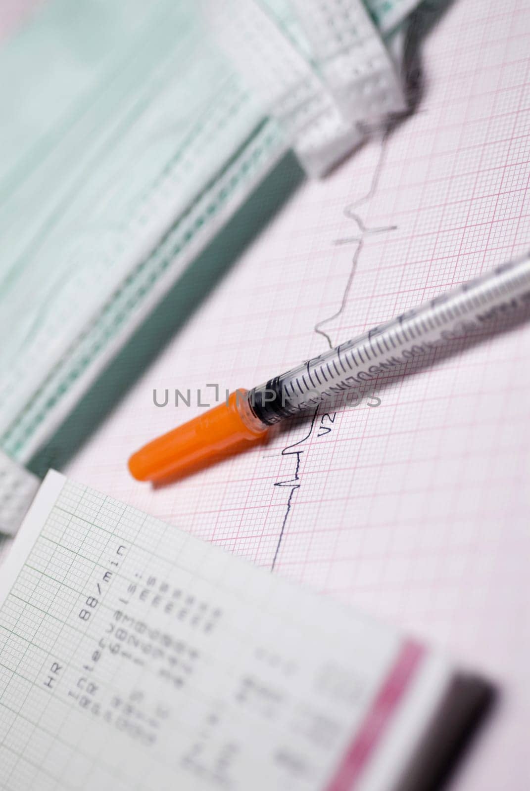 Close_up of a syringe on a graph paper
