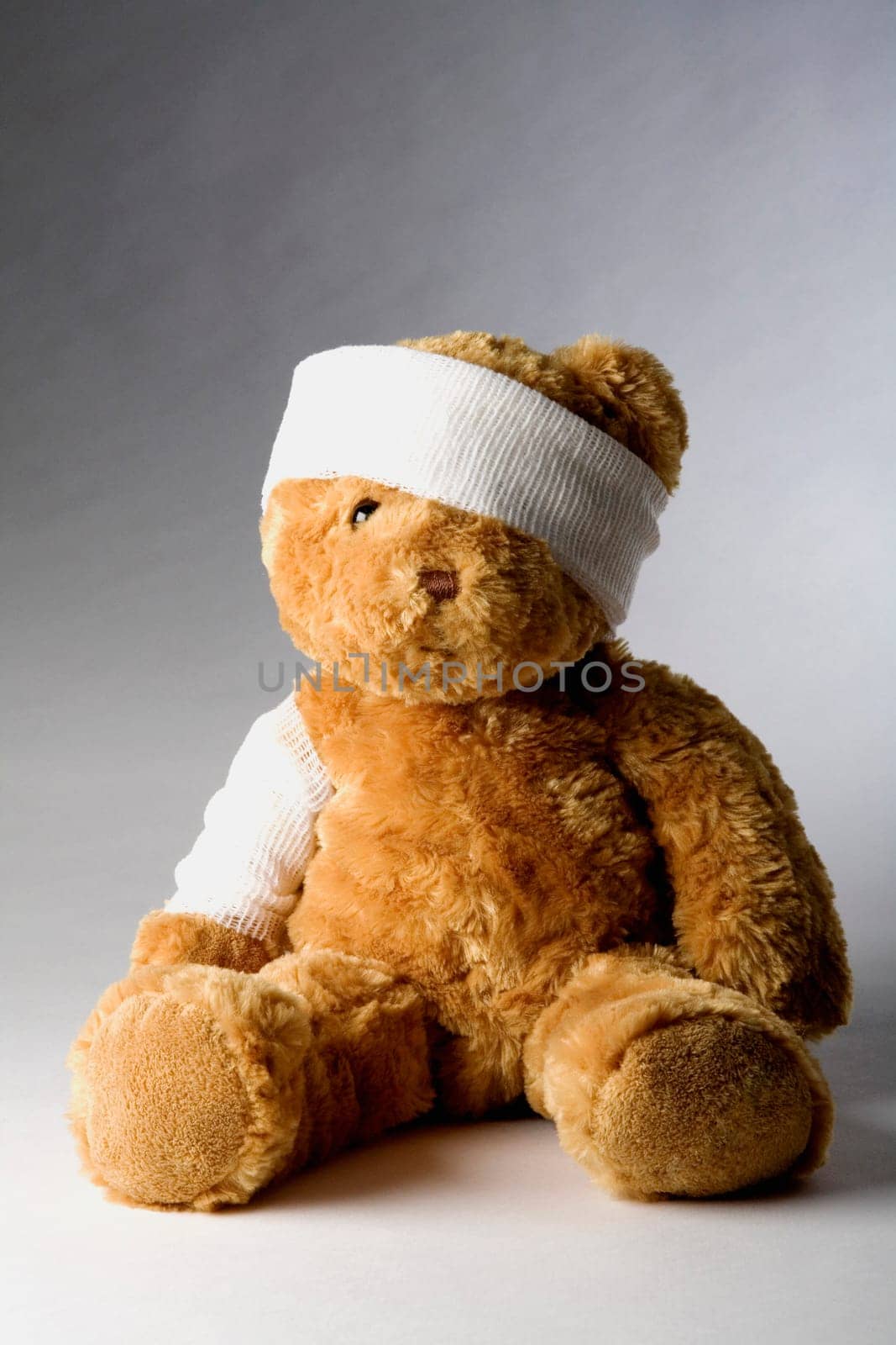 Close-up of a teddy bear with a bandage