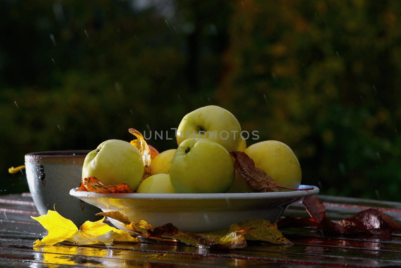 Close-up of a bowl of apples with cups and fallen leaves on the table