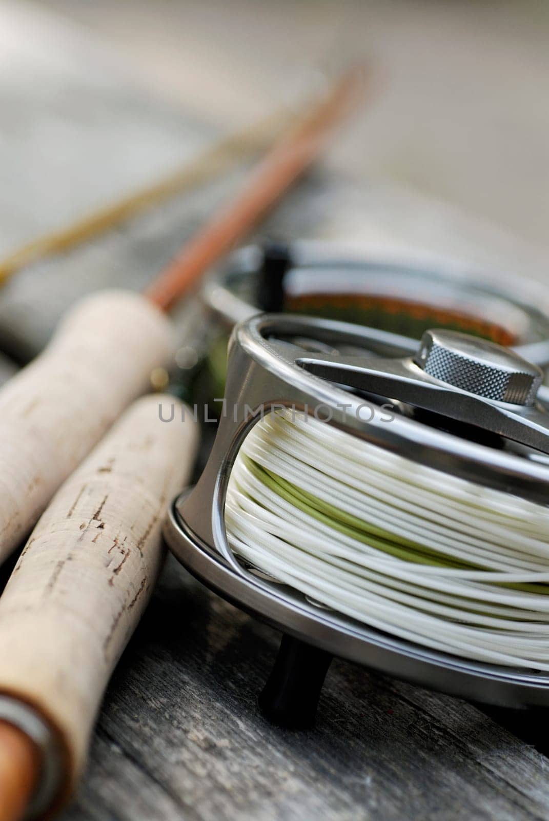Close-up of a fishing reel and two fishing rods