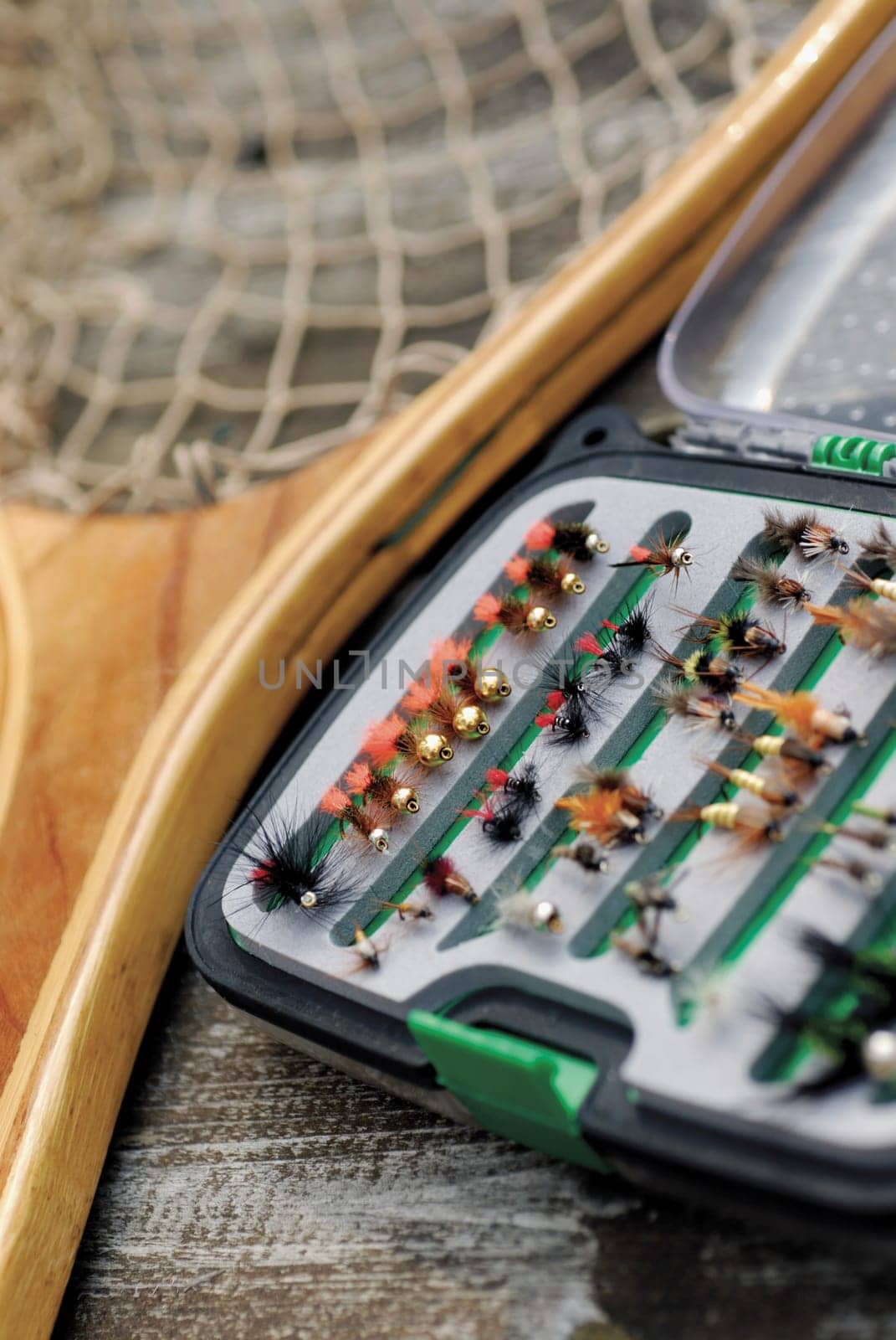 Close-up of a fishing net and fishing lures