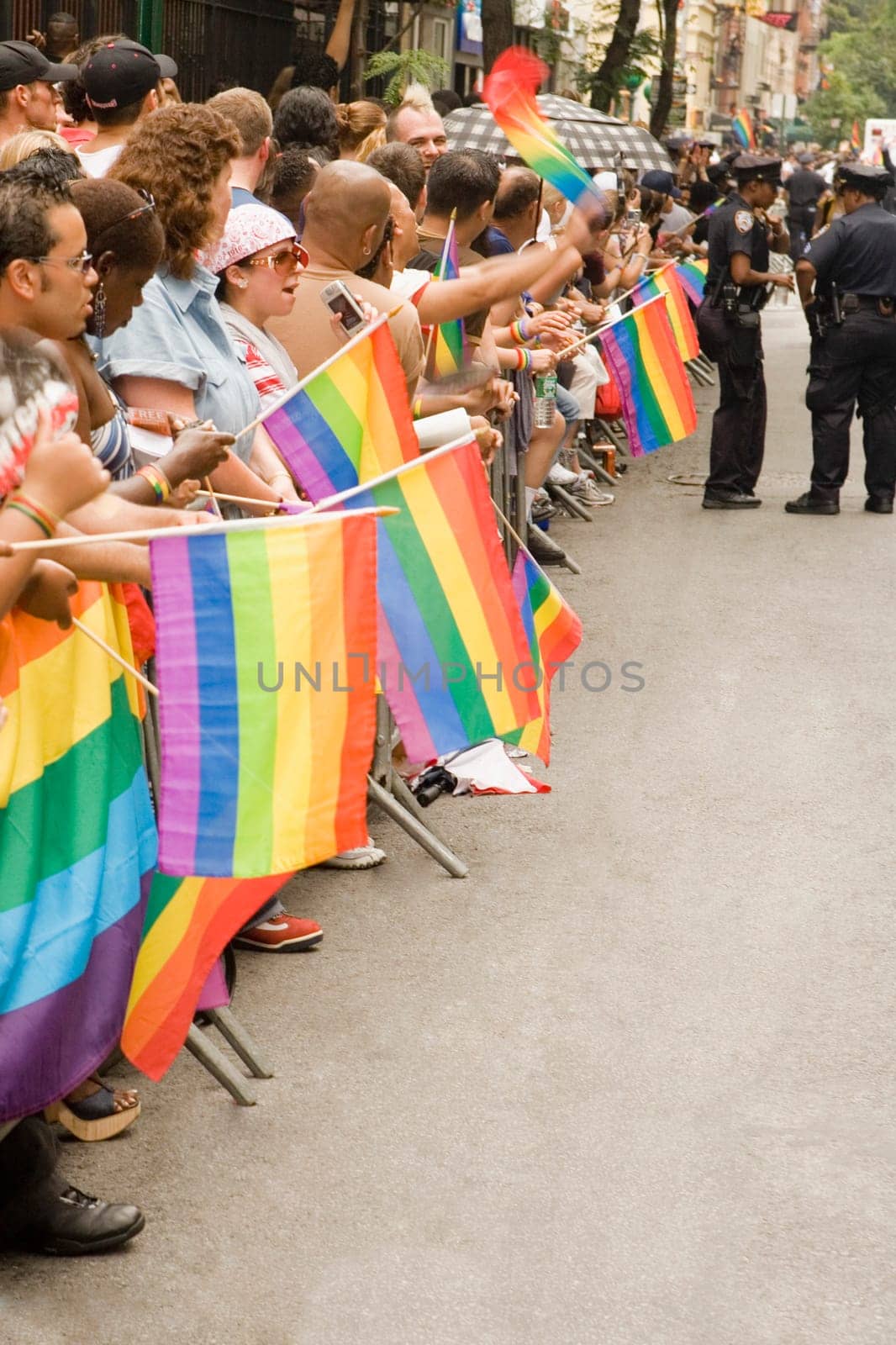 Large group of people holding gay pride flags at a gay parade