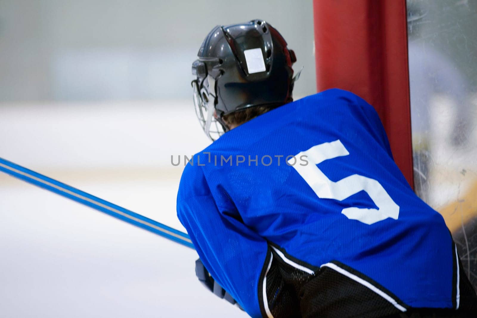 Rear view of an ice hockey player playing ice hockey