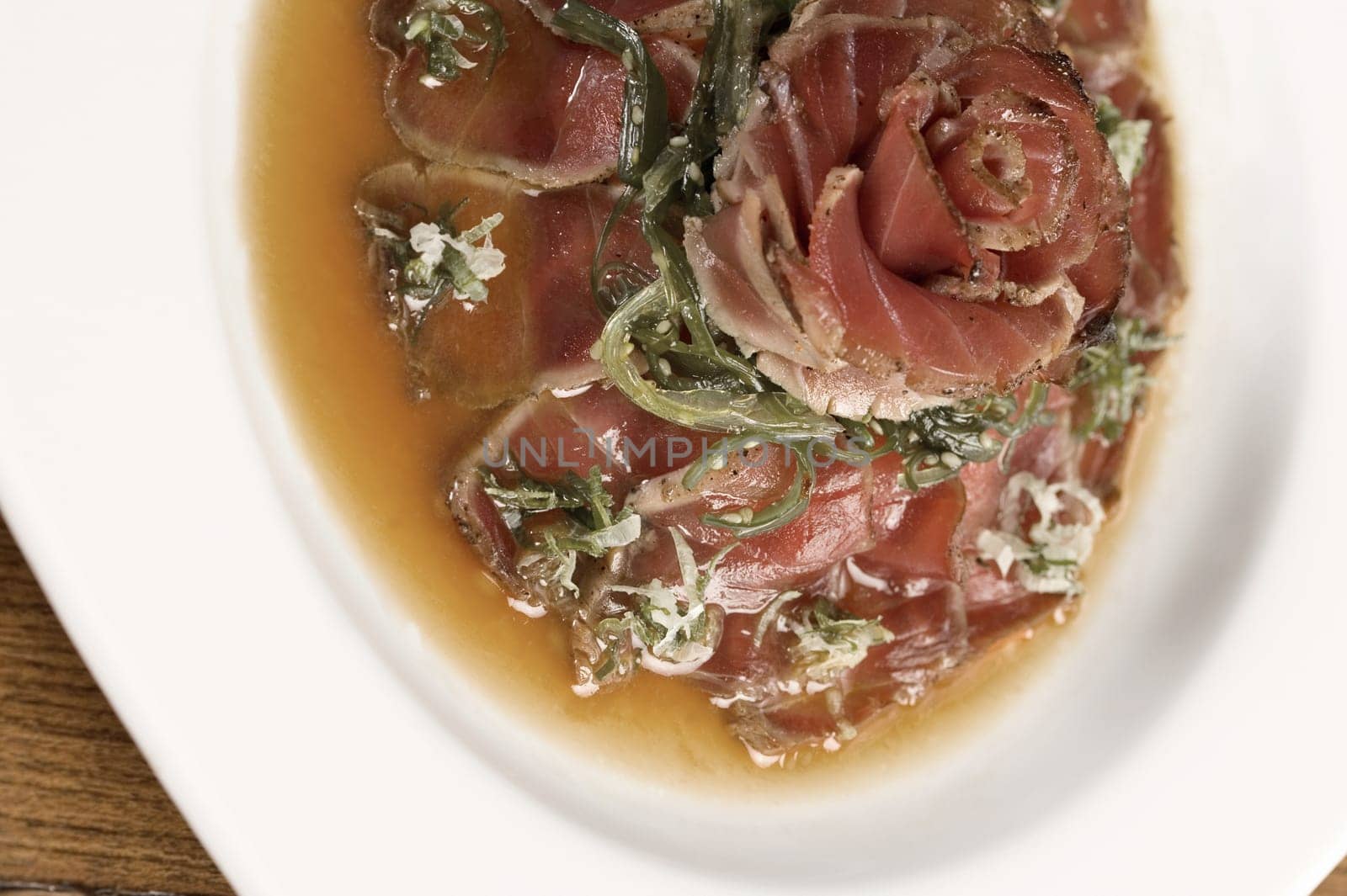 High angle view of prepared pork in a plate