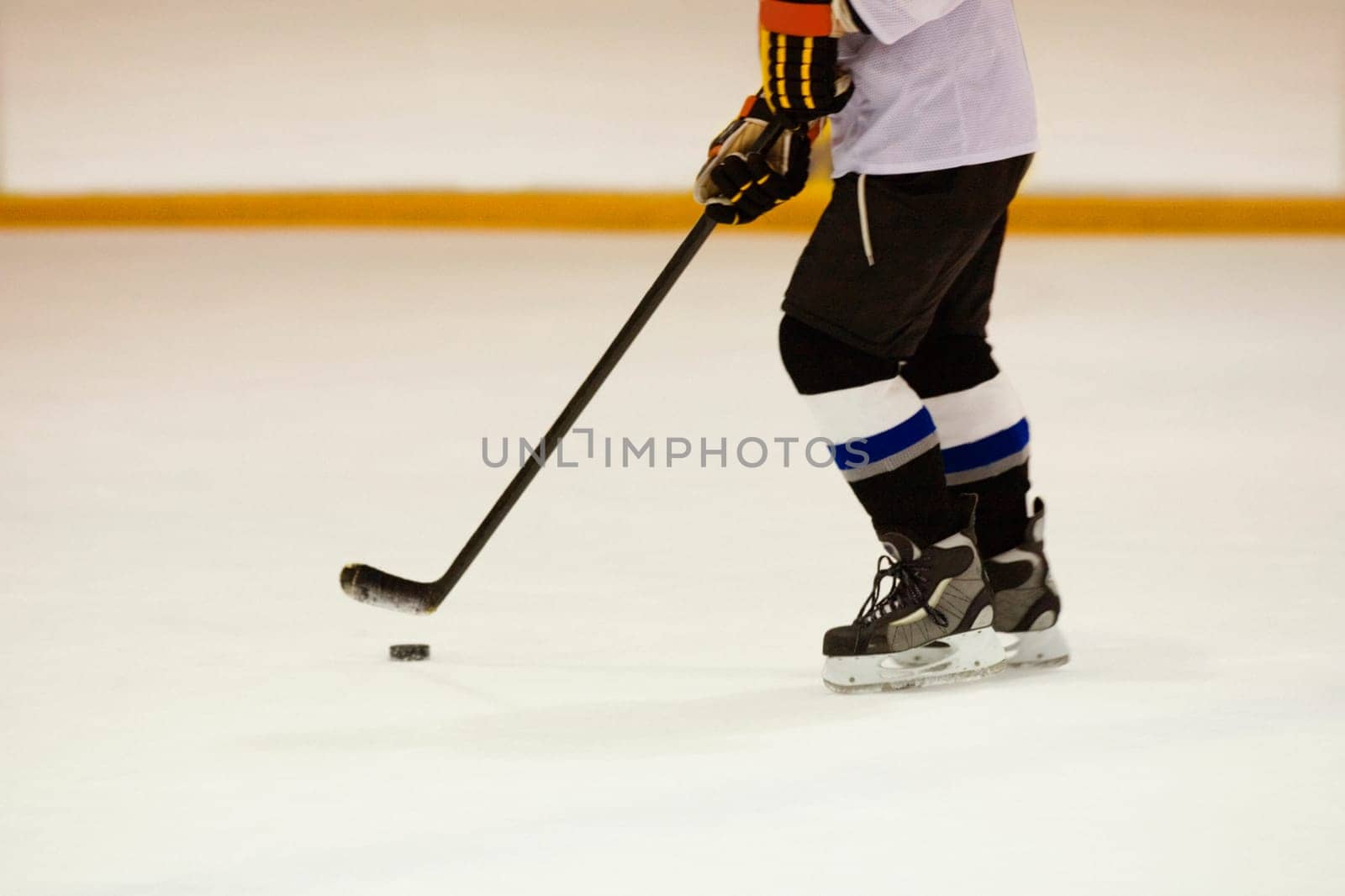 Side profile of an ice hockey player playing ice hockey