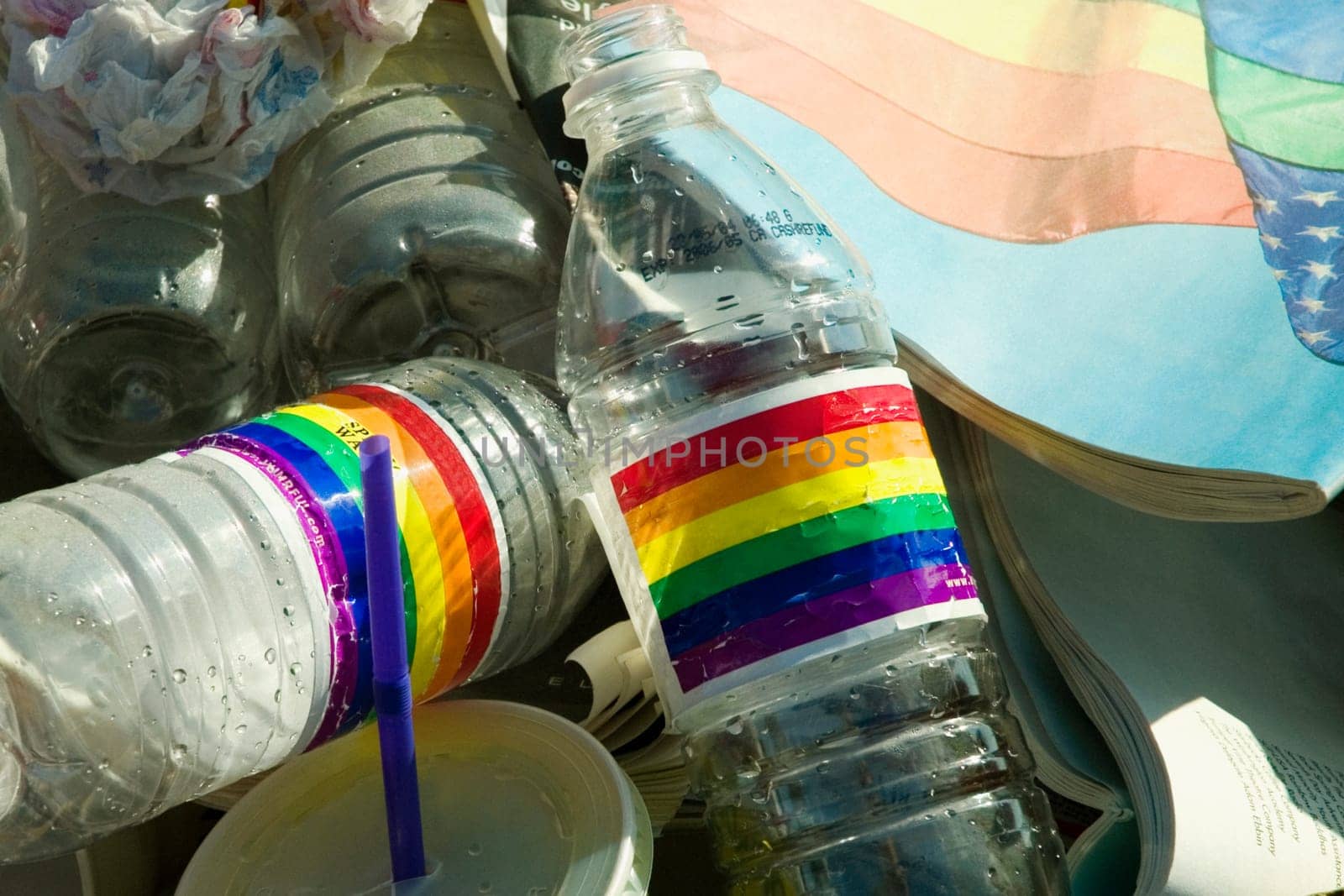 Close-up of bottles and magazines