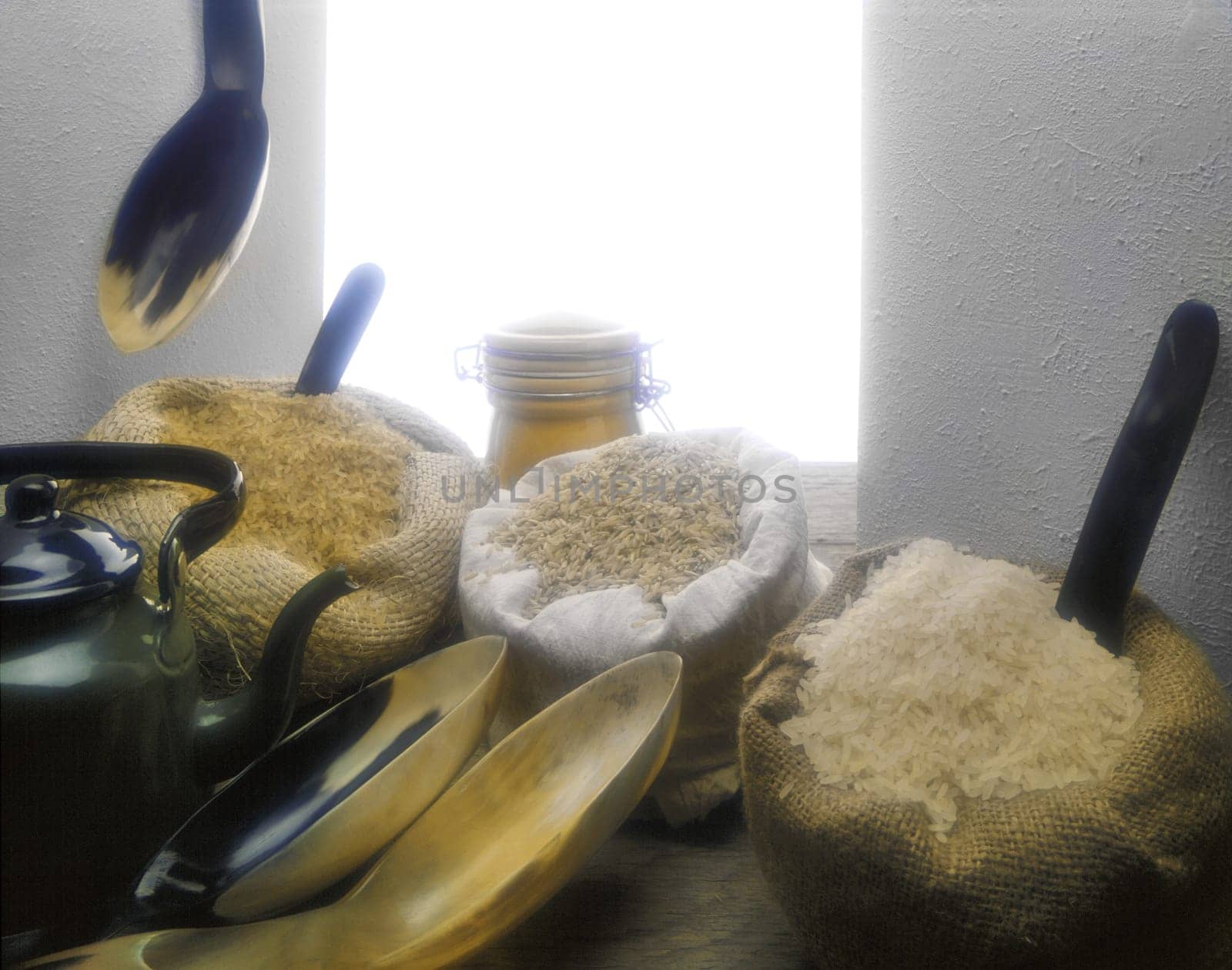 Assorted rice grain in sacks