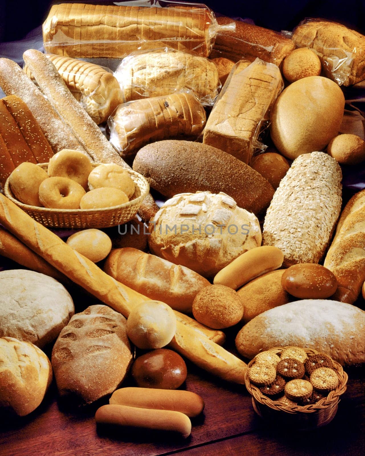 High angle view of assorted breads on a table