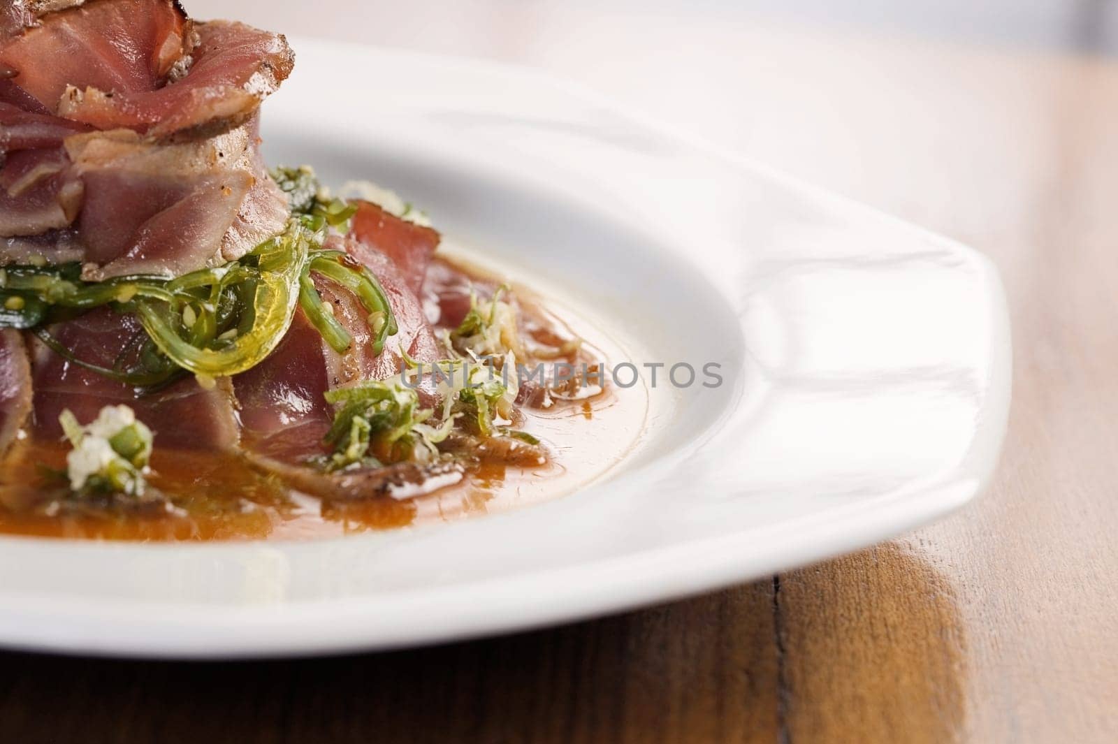 Close-up of prepared pork in a plate