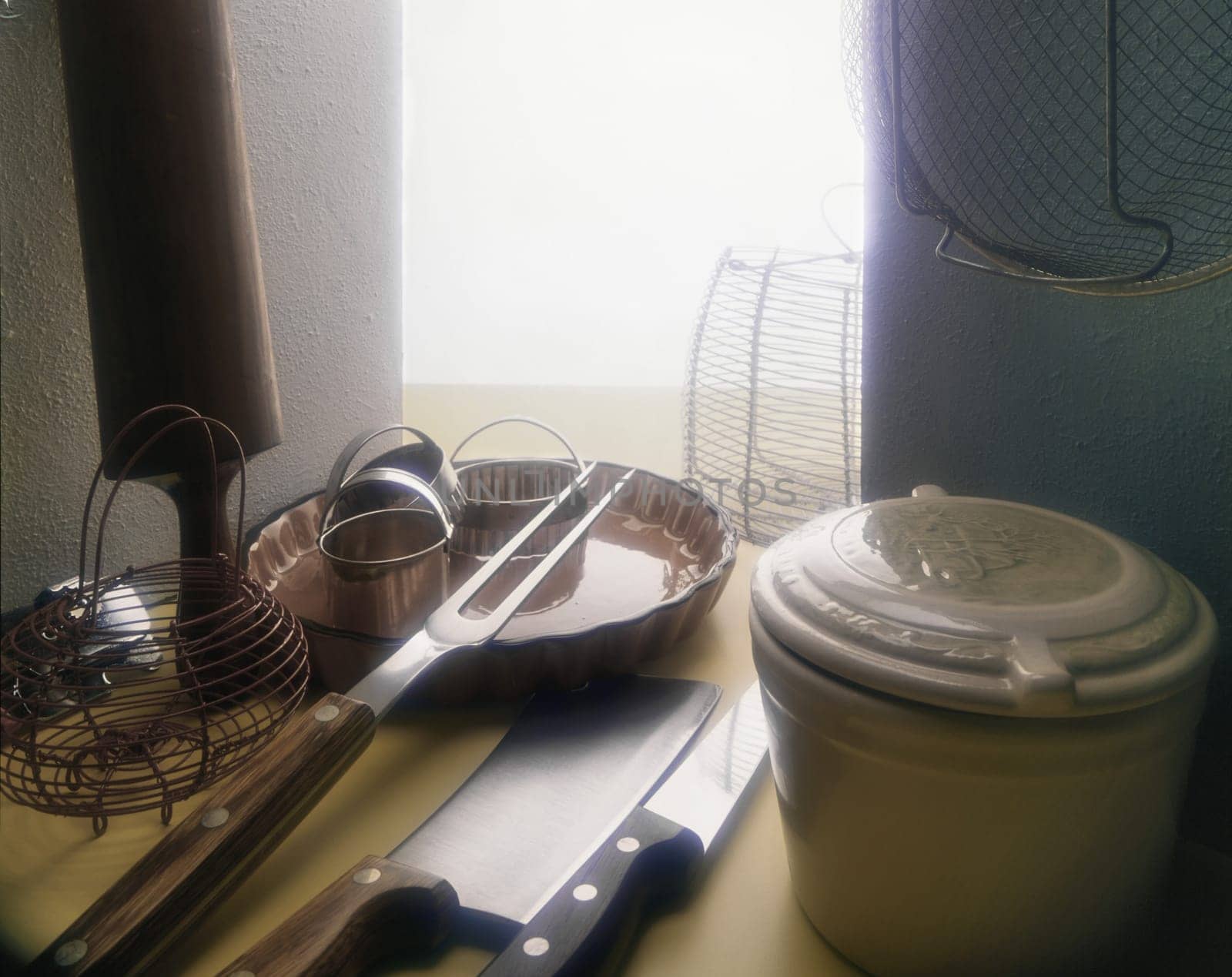 High angle view of utensils in the kitchen