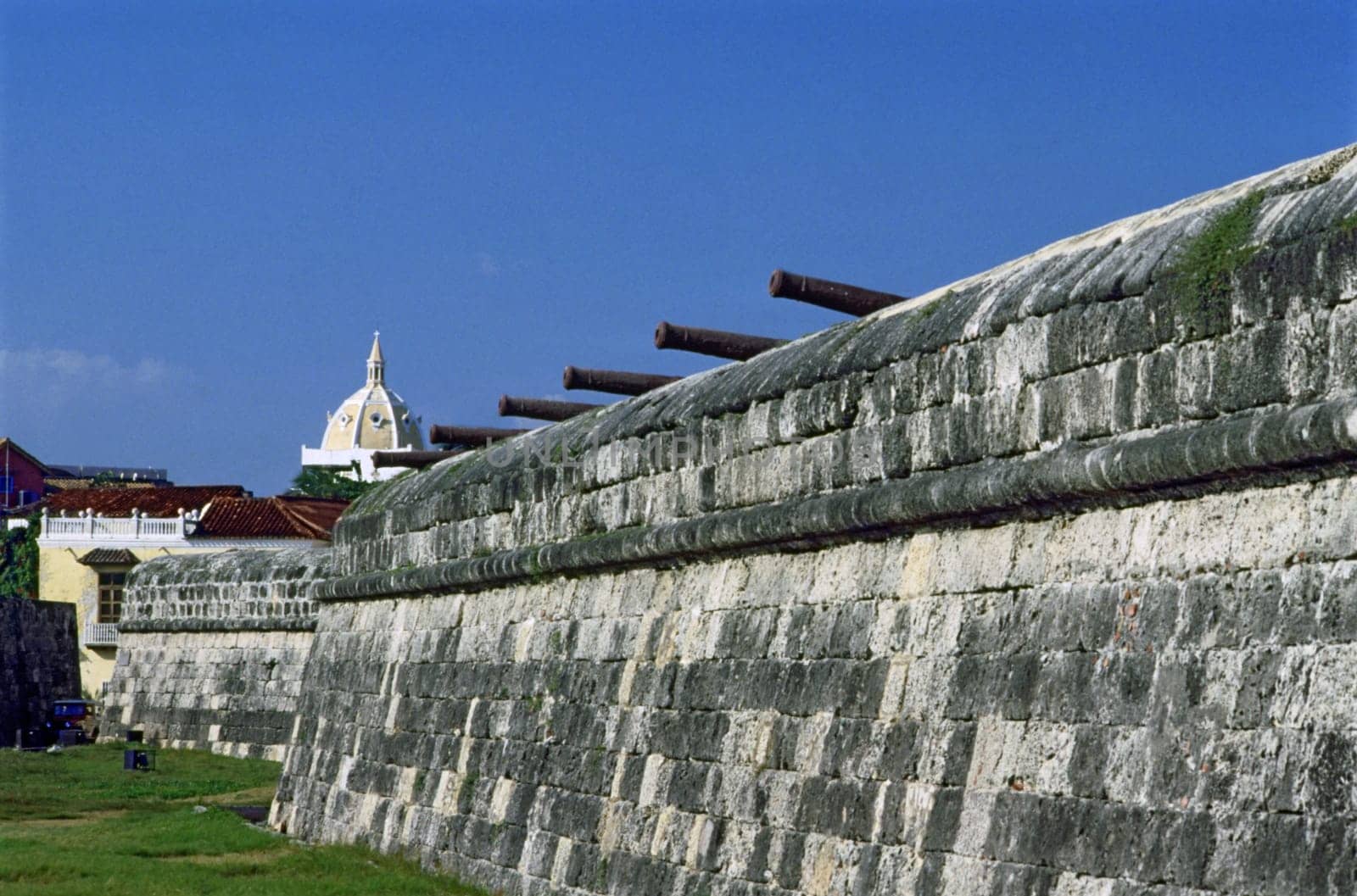 Low angle view of cannons on a stone wall
