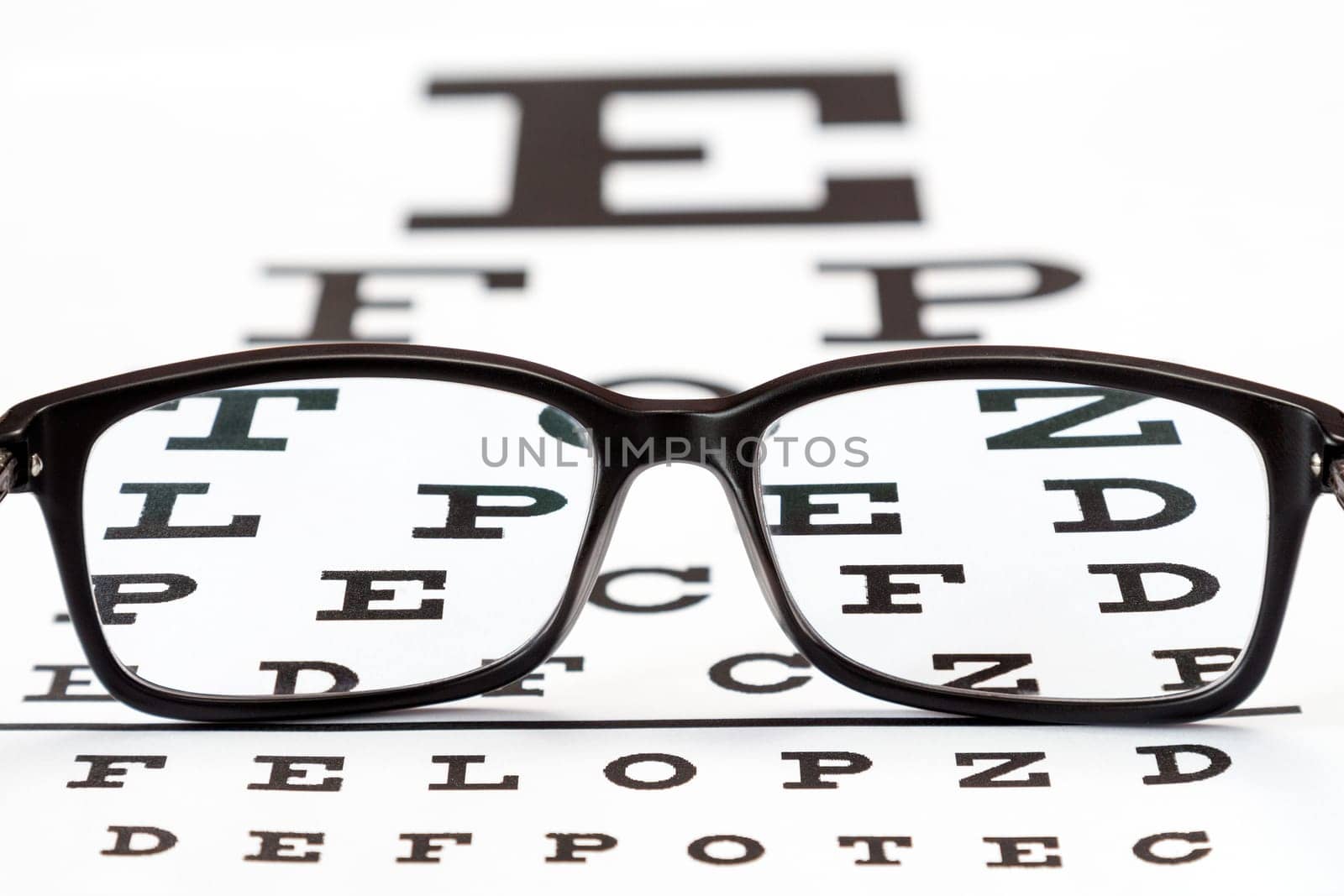 Glasses on a eye exam chart to test eyesight accuracy
