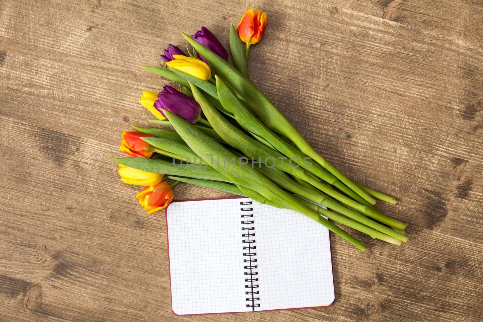 Bunch of spring tulips and blank notebook for copy-space
