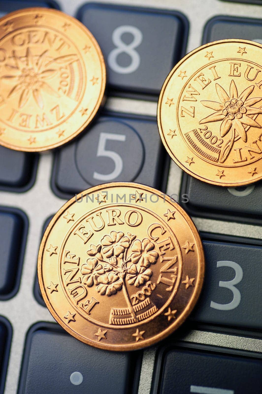 Close-up of Eurocent coins on a calculator