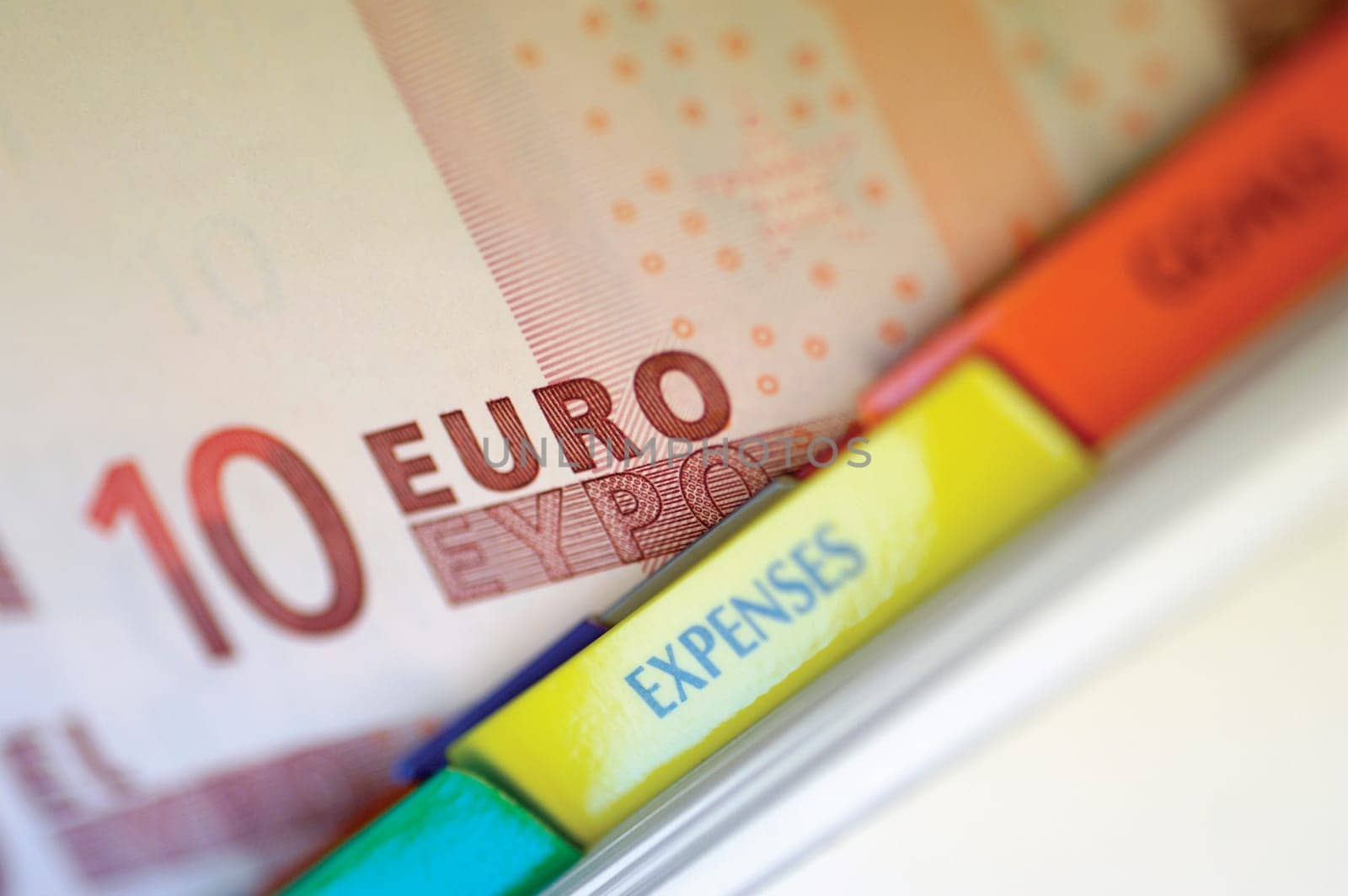 Close-up of diary on a ten Euro banknote