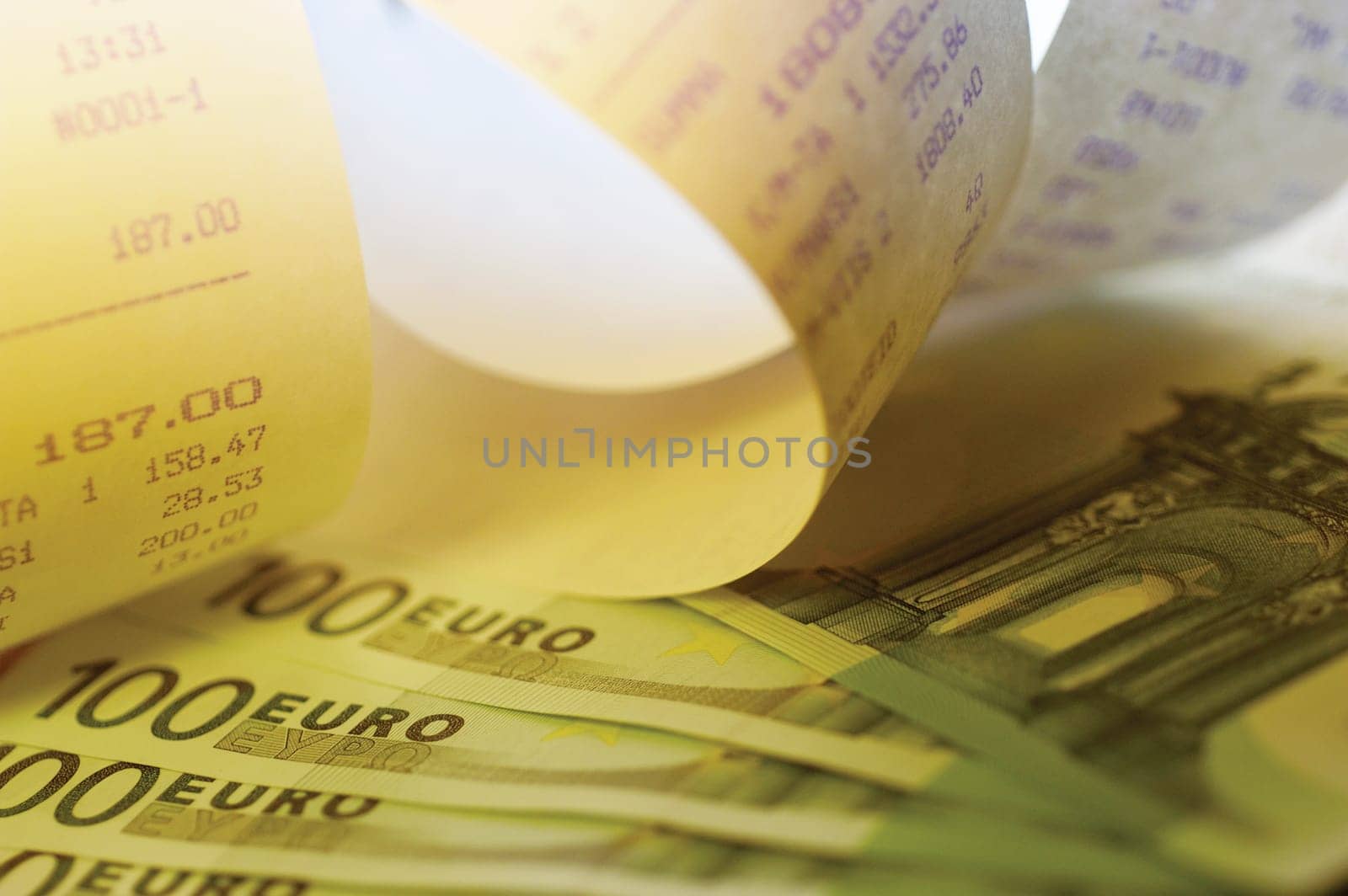 Close-up of a paper receipt of one hundred Euro banknotes