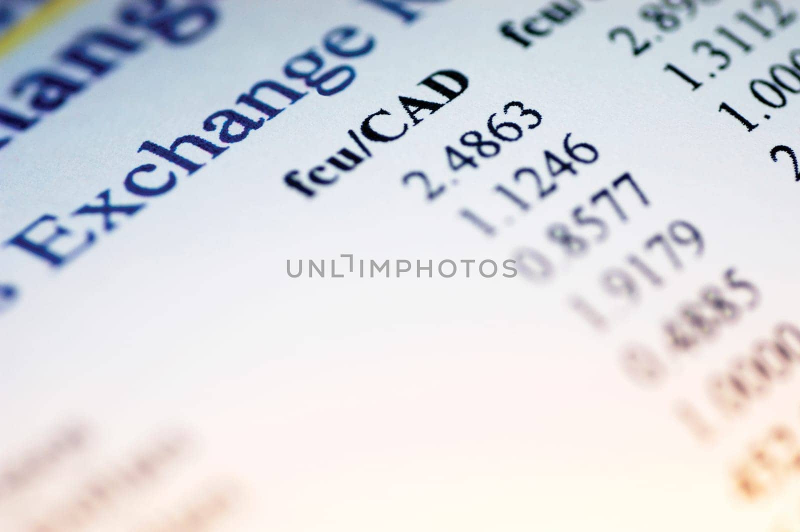List of exchange rates for various currencies, close-up