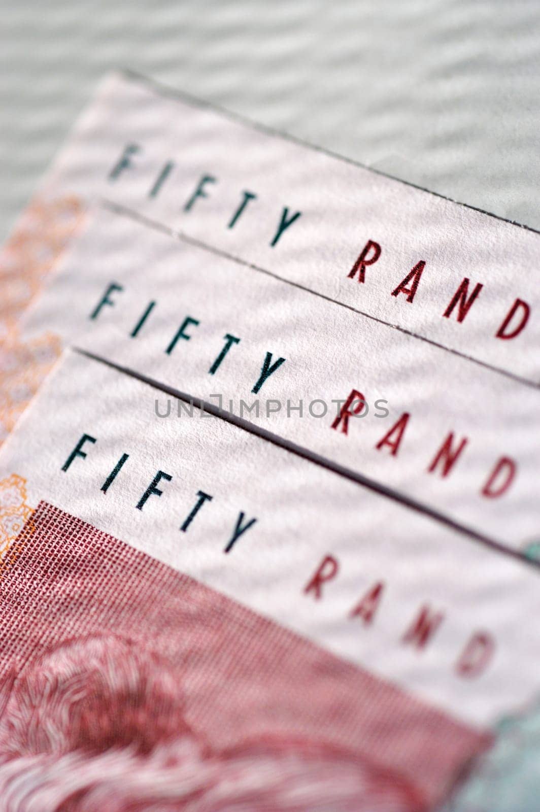 Three 50 South African Rand bank notes, close-up