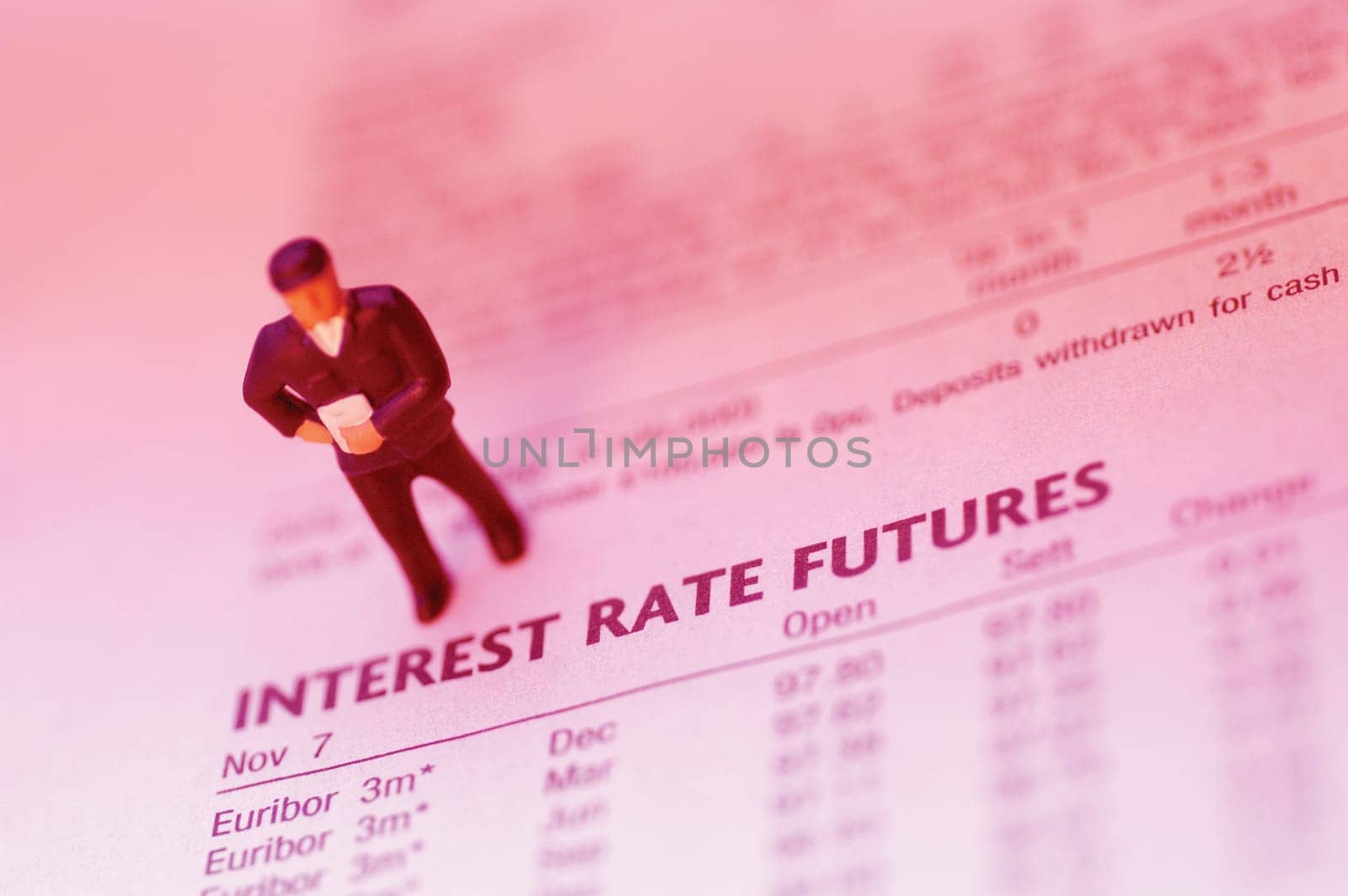 Toy man standing on top of stock market report