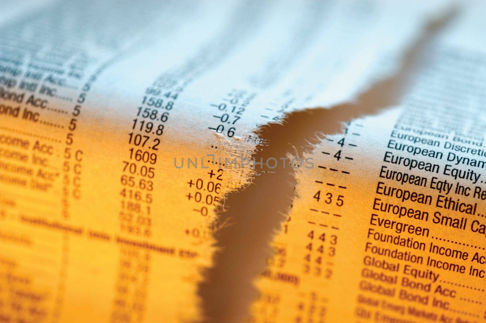 Torn stock market report, close-up