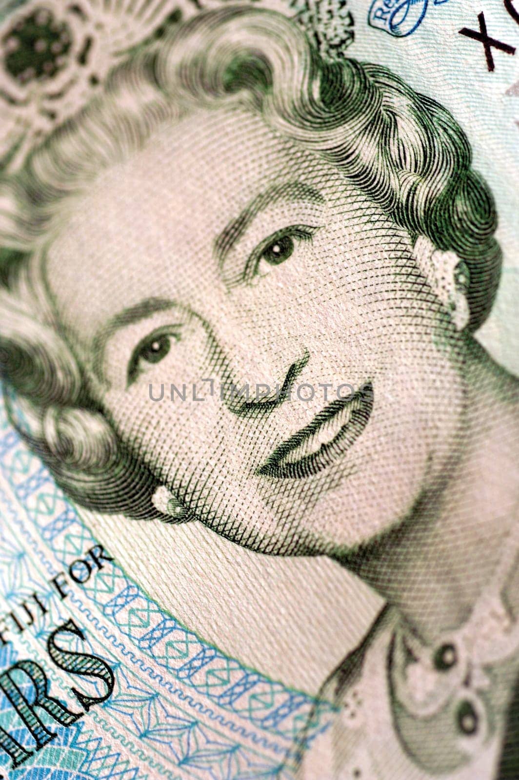 Picture of Queen Elizabeth on British bank note, close-up