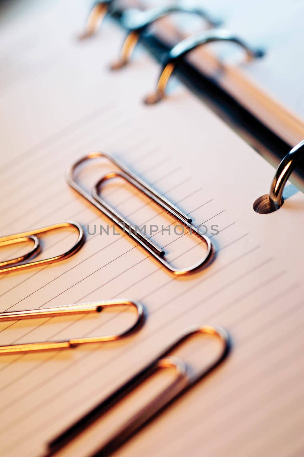 Paper clips on top of appointment book, close-up