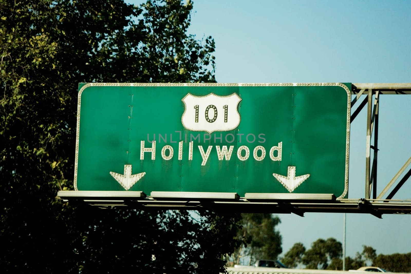 Low angle view of highway signs to Hollywood, Los Angeles, California, USA