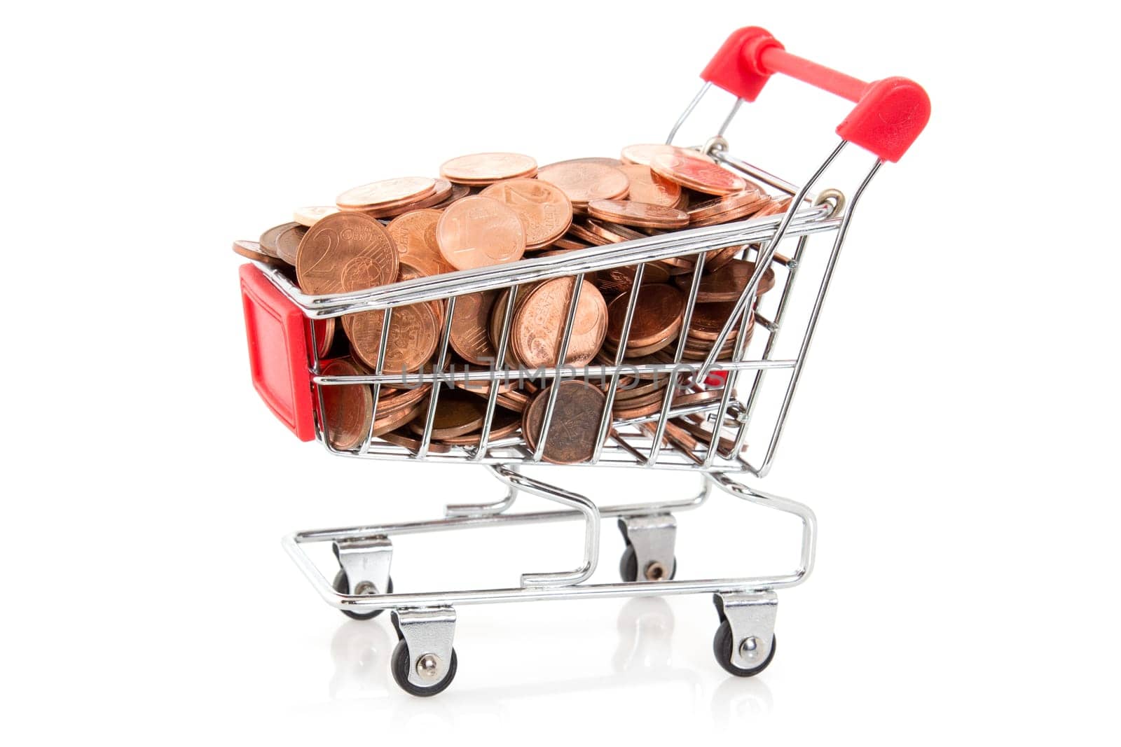 Shopping cart with Euro cent coins,isolated on white background
