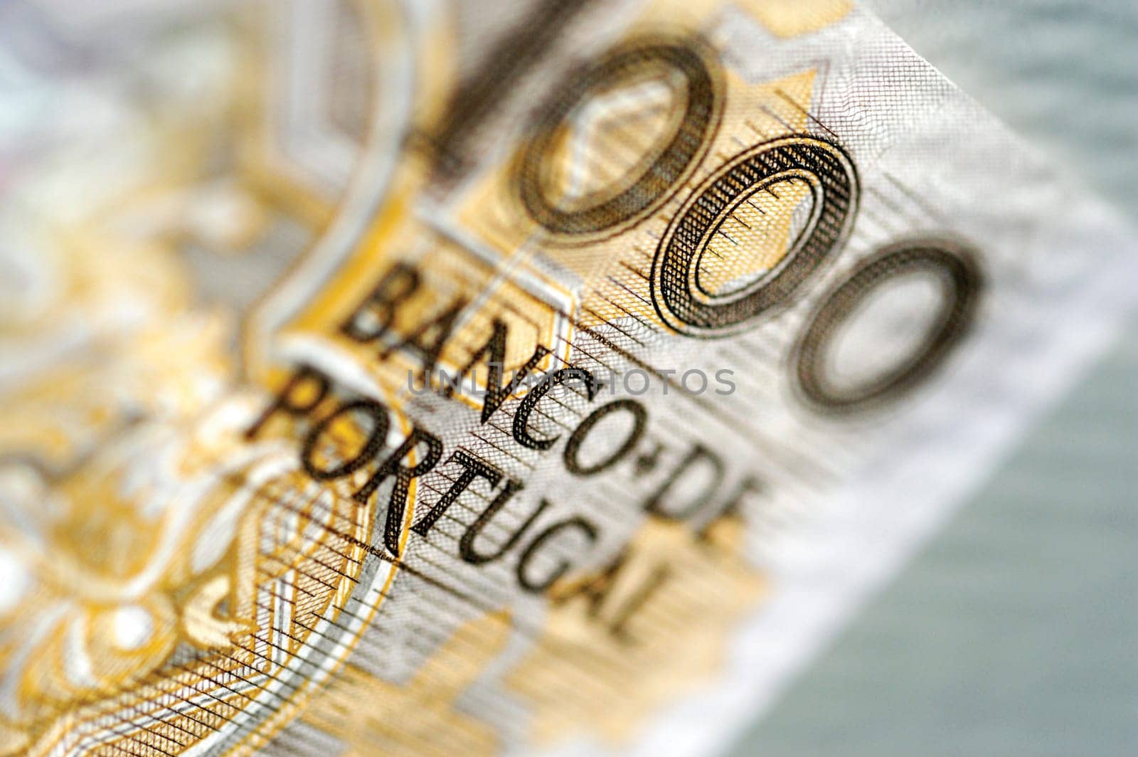 One 1000 Portuguese bank note, extreme close-up