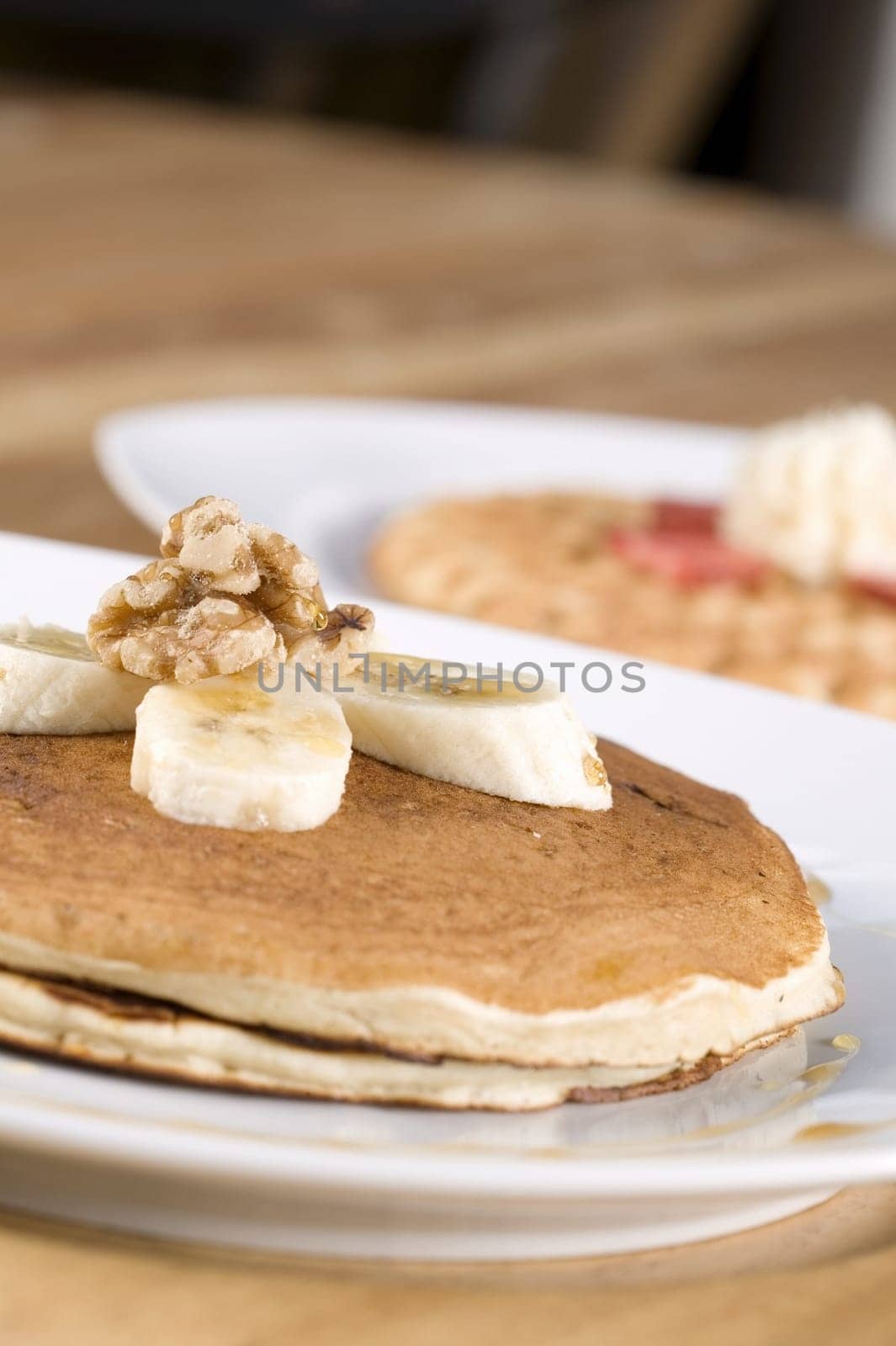 Close-up of banana slices on a pancake