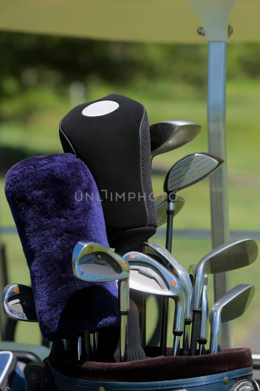 Close-up of golf clubs in a golf bag