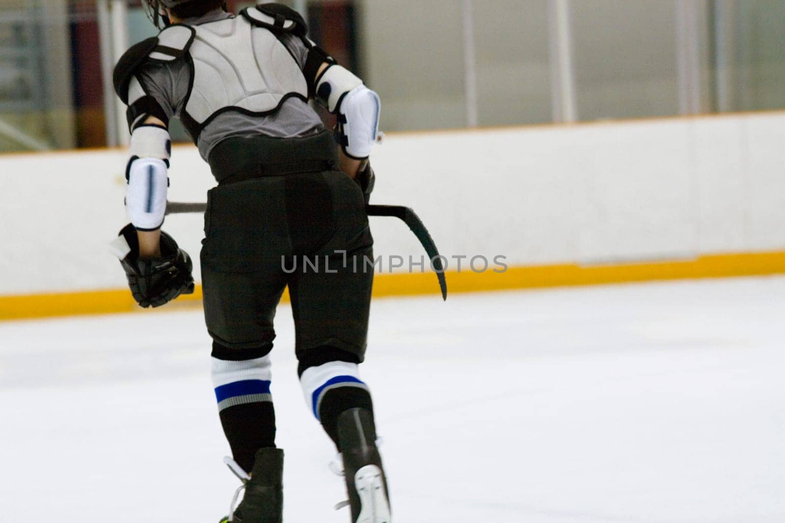Rear view of an ice hockey player playing ice hockey