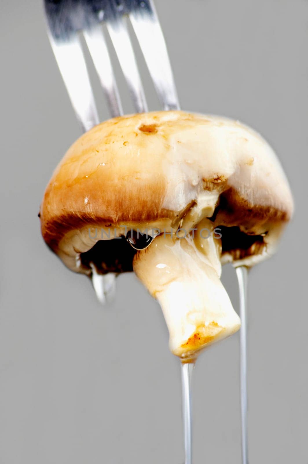 Close-up of a wet mushroom on a fork