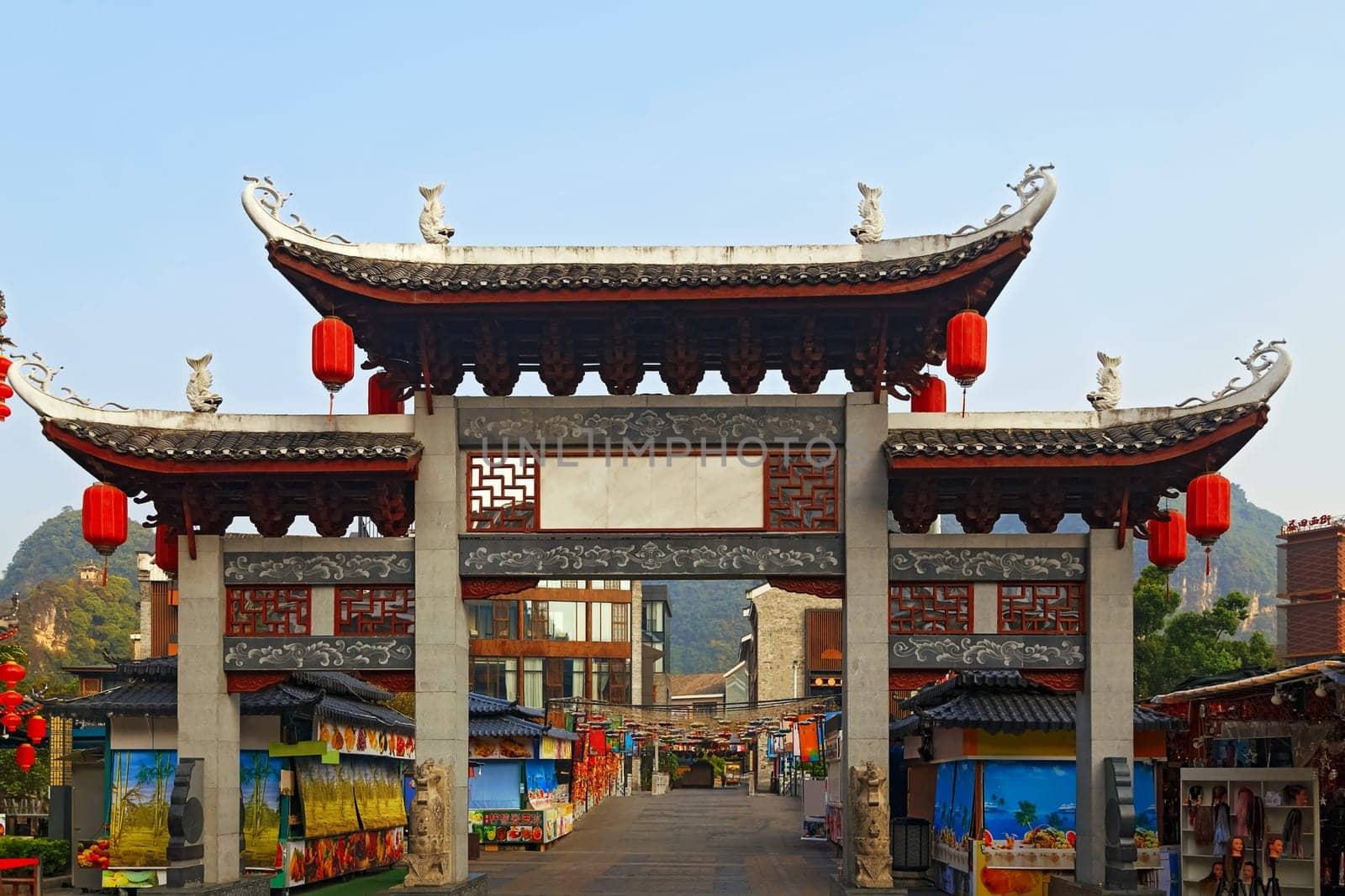 Chinese pagoda in a tourist town in Guilin, as a gateway to the local bazaar in the morning 24.08.2019