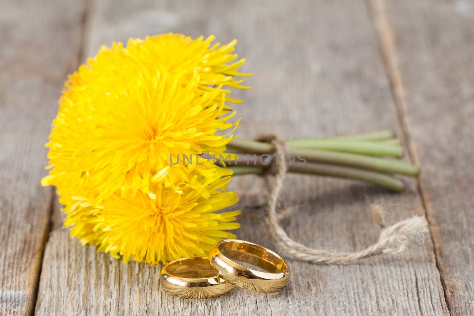 Wedding rings and bunch of yellow dandelion flowers on wooden background