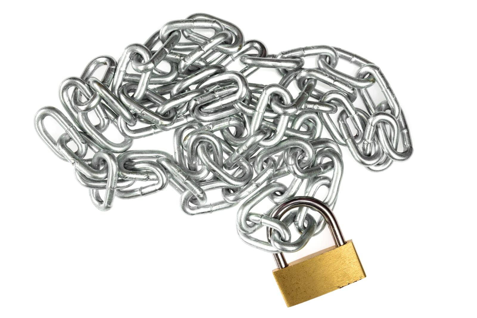 Padlock with metal chain on a white background
