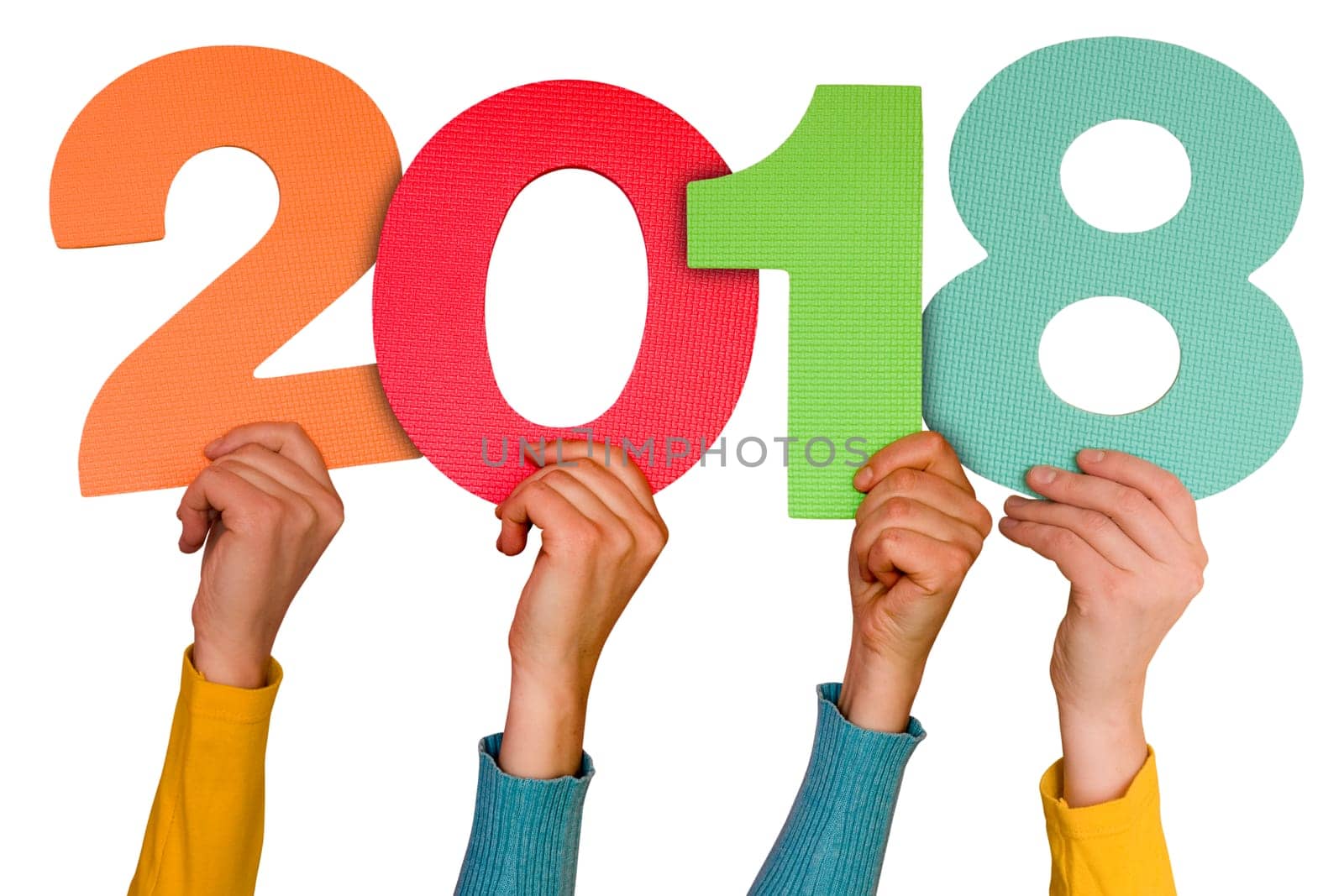 Hands with color numbers shows year 2018. Isolated on white background