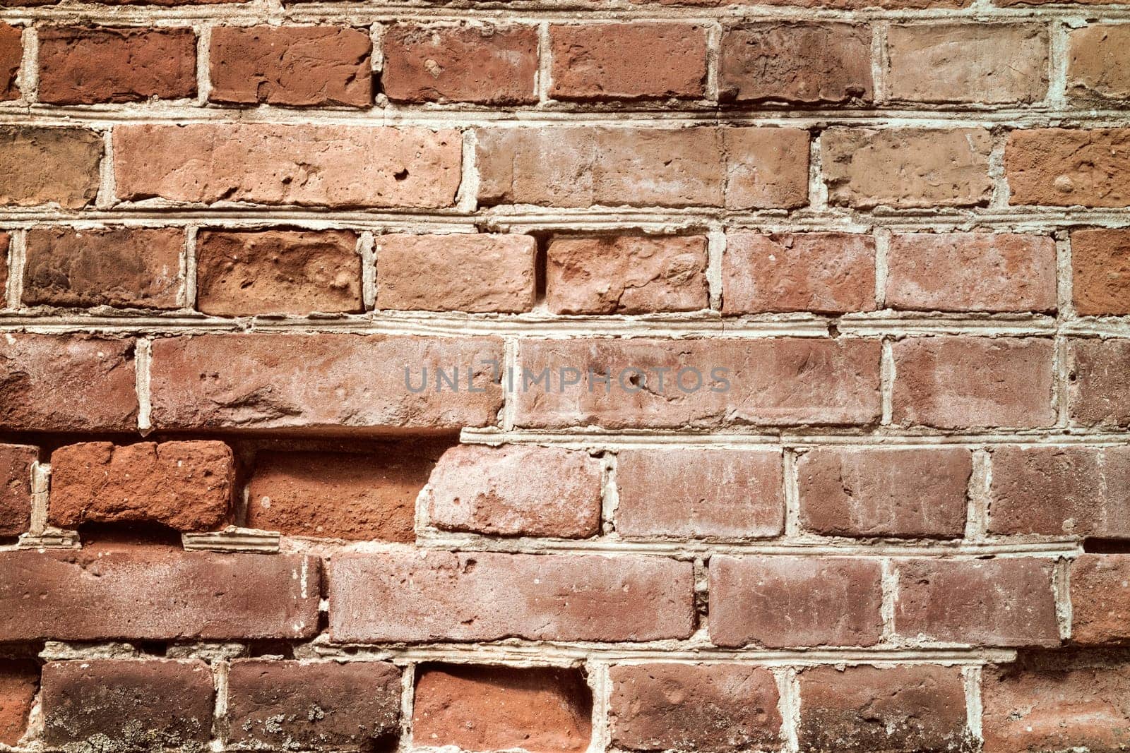 Messy red brown old shabby brick wall background texture
