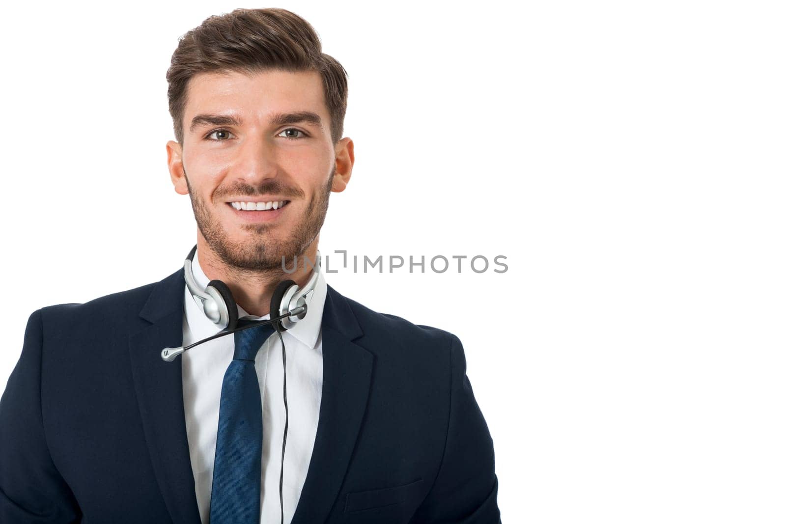 Young bearded man suit and headset with stereo headphones and microphone operator portrait isolated against white background